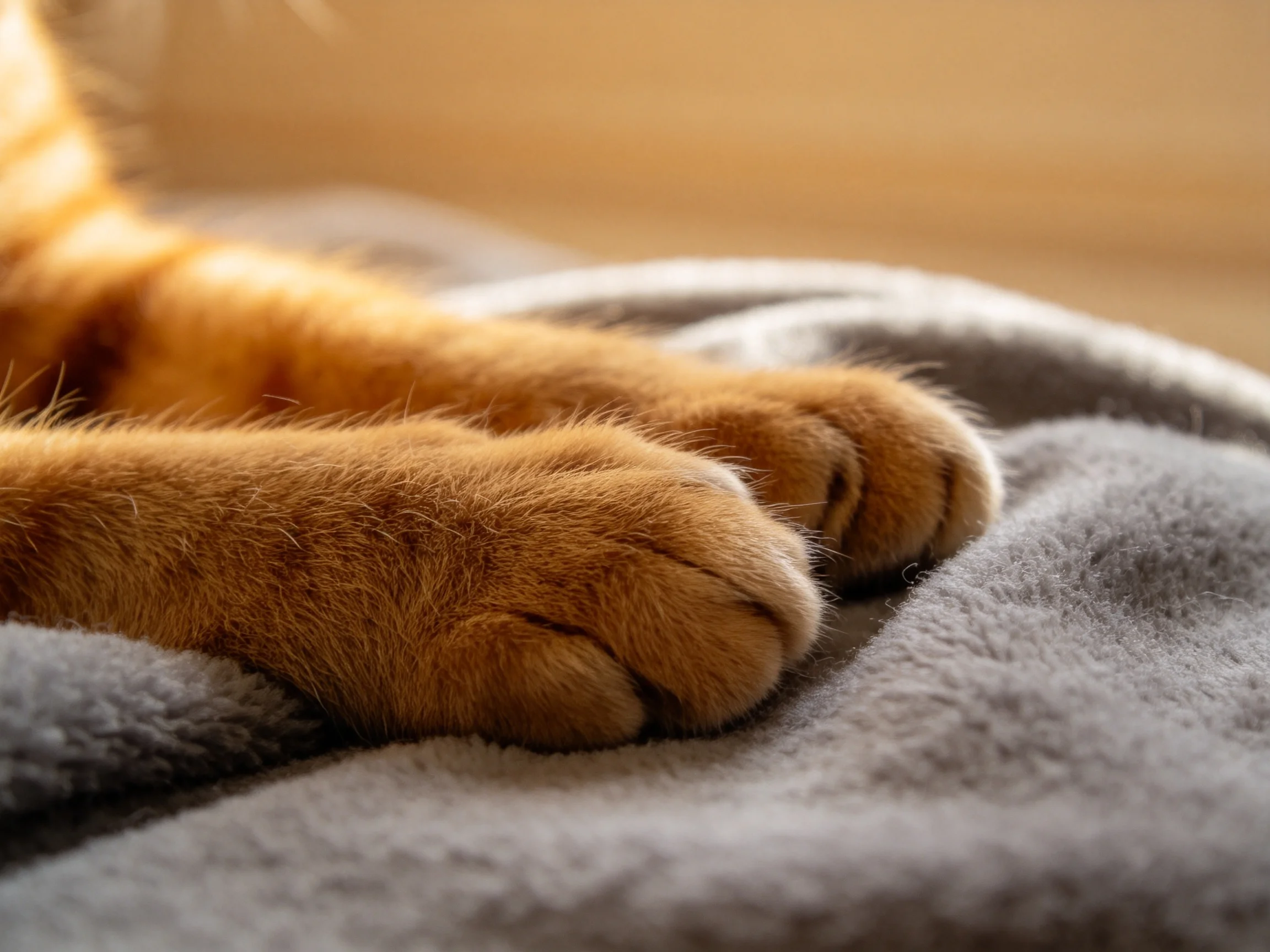 Orange cat’s fluffy paws on a soft gray blanket
