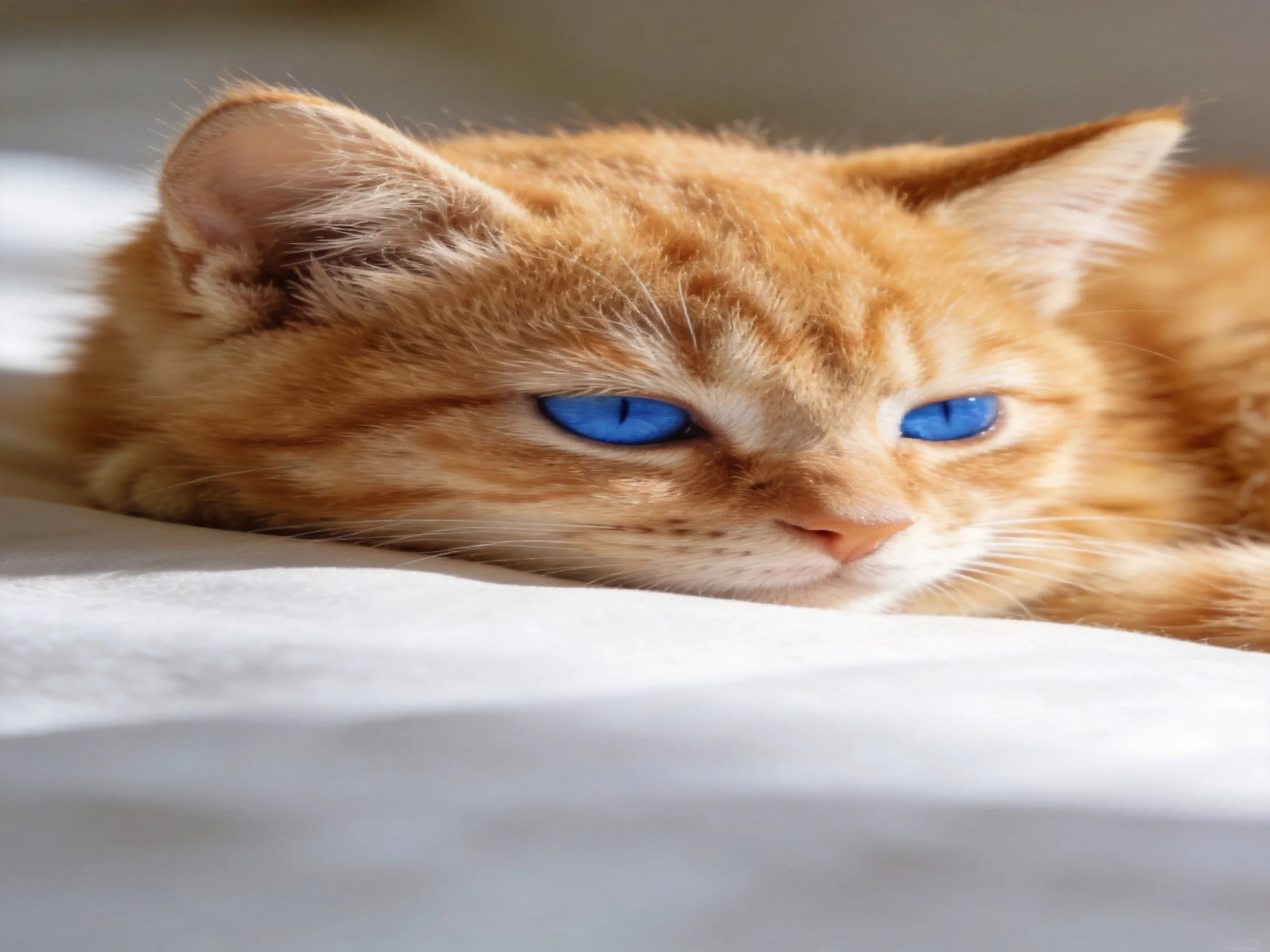 An orange kitten with blue eyes rests quietly on white fabric.