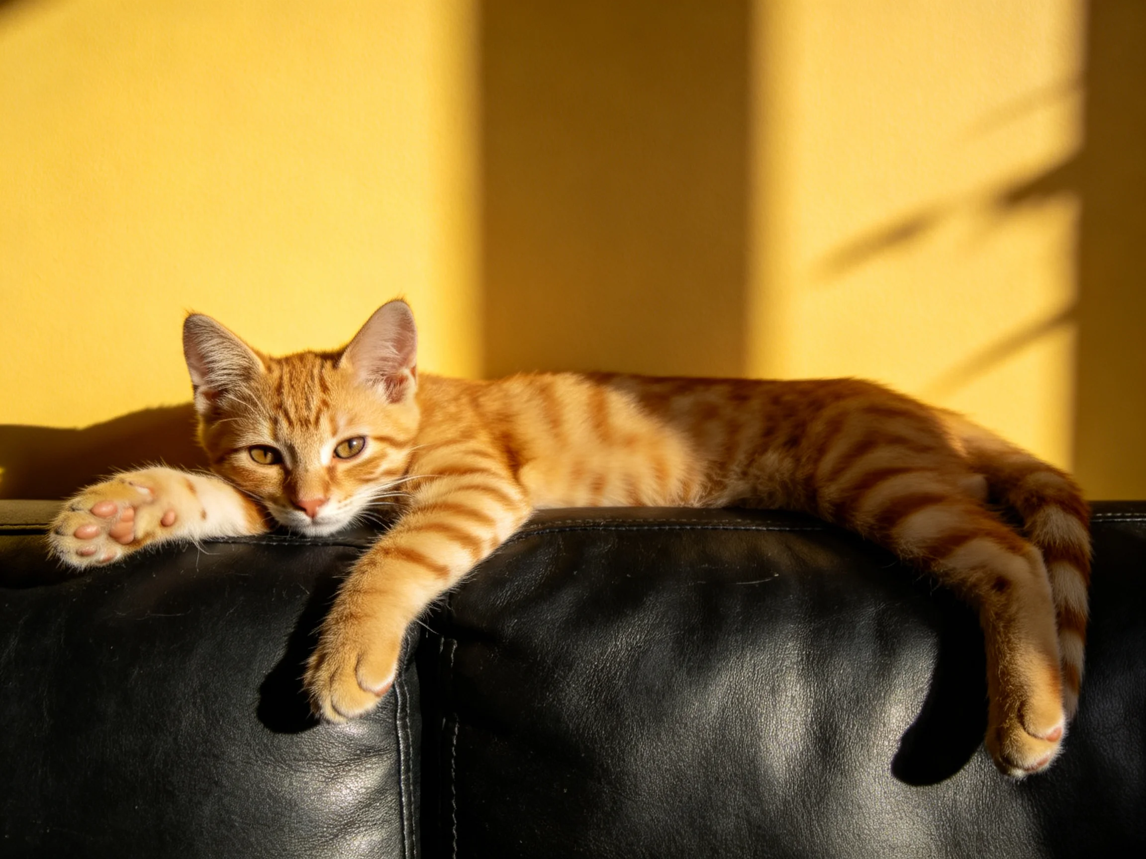 An orange tabby cat relaxes on a black leather couch in a sunlit area.