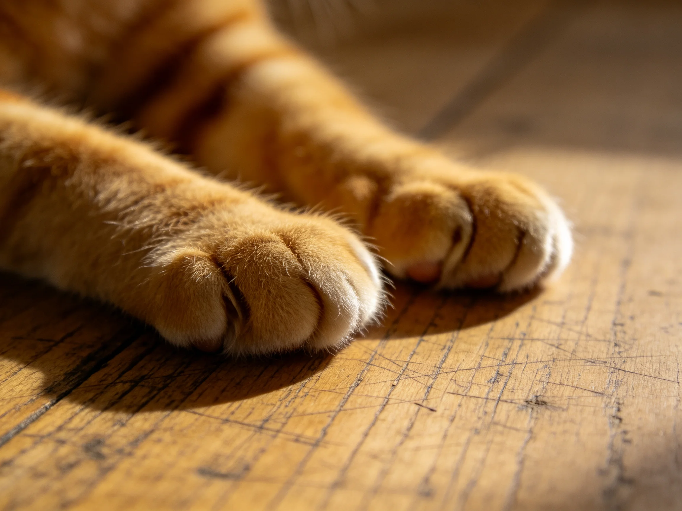 Orange tabby cat paws resting on a scratched wooden surface under warm sunlight