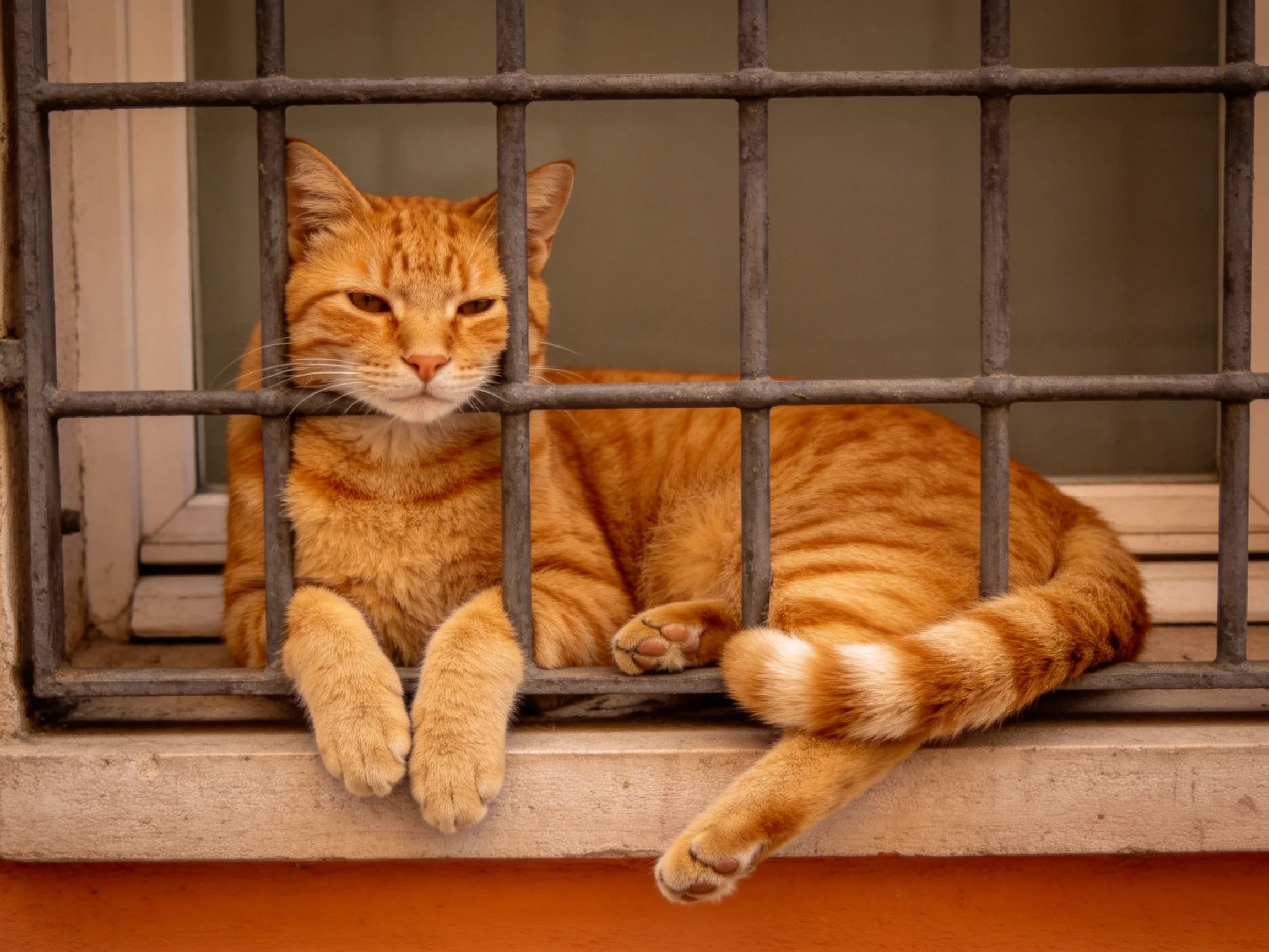 Orange tabby cat resting behind metal window grilles