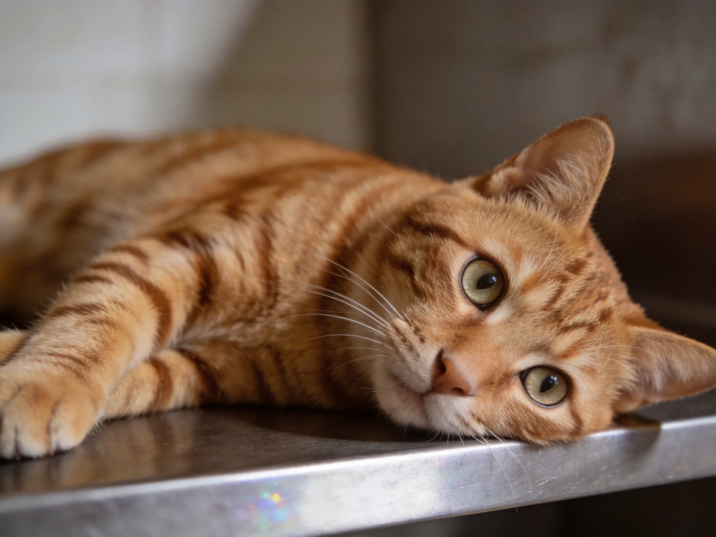 Orange tabby cat resting on a polished metallic surface