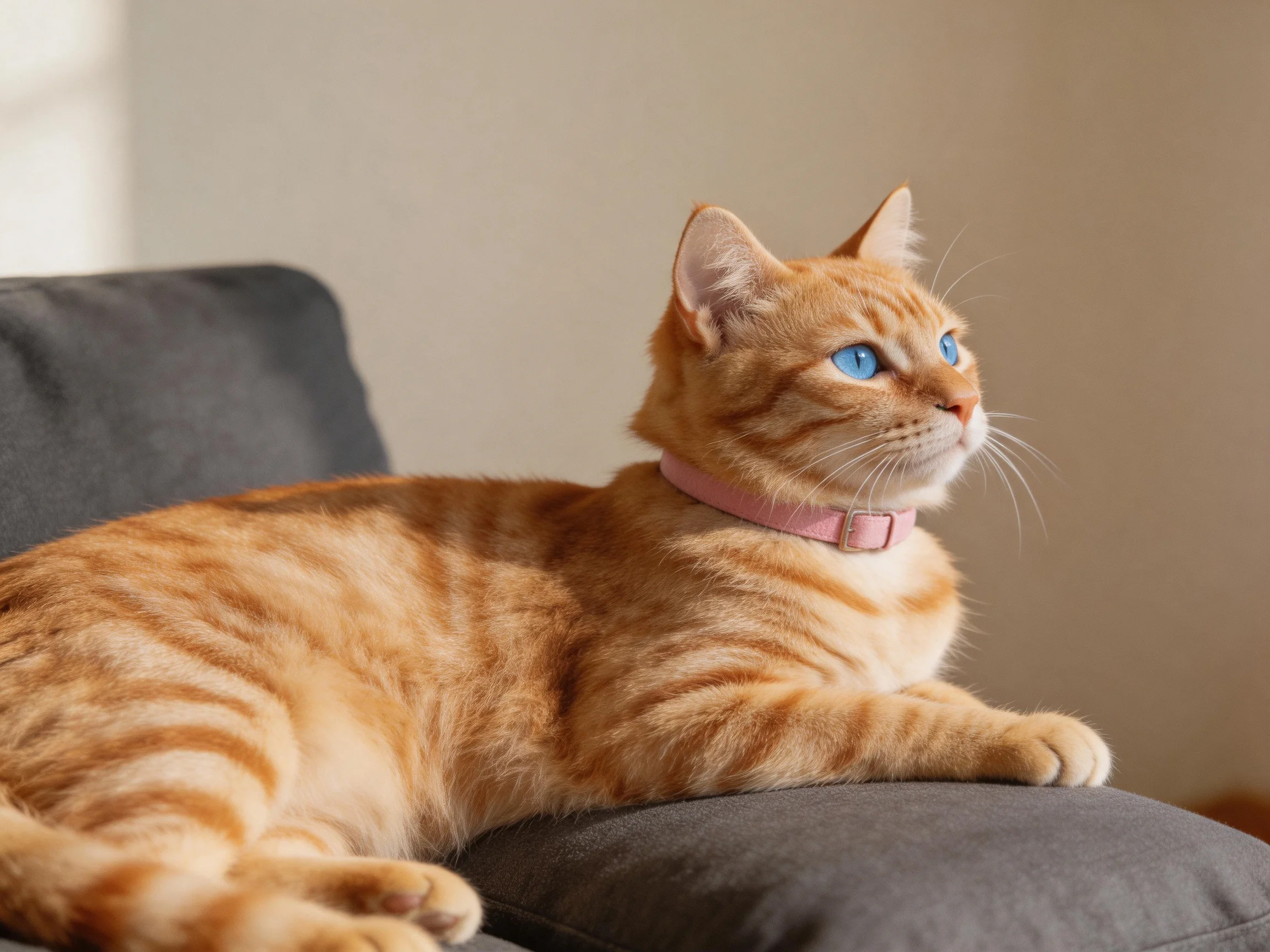 A single orange tabby cat with blue eyes relaxes on a gray couch.