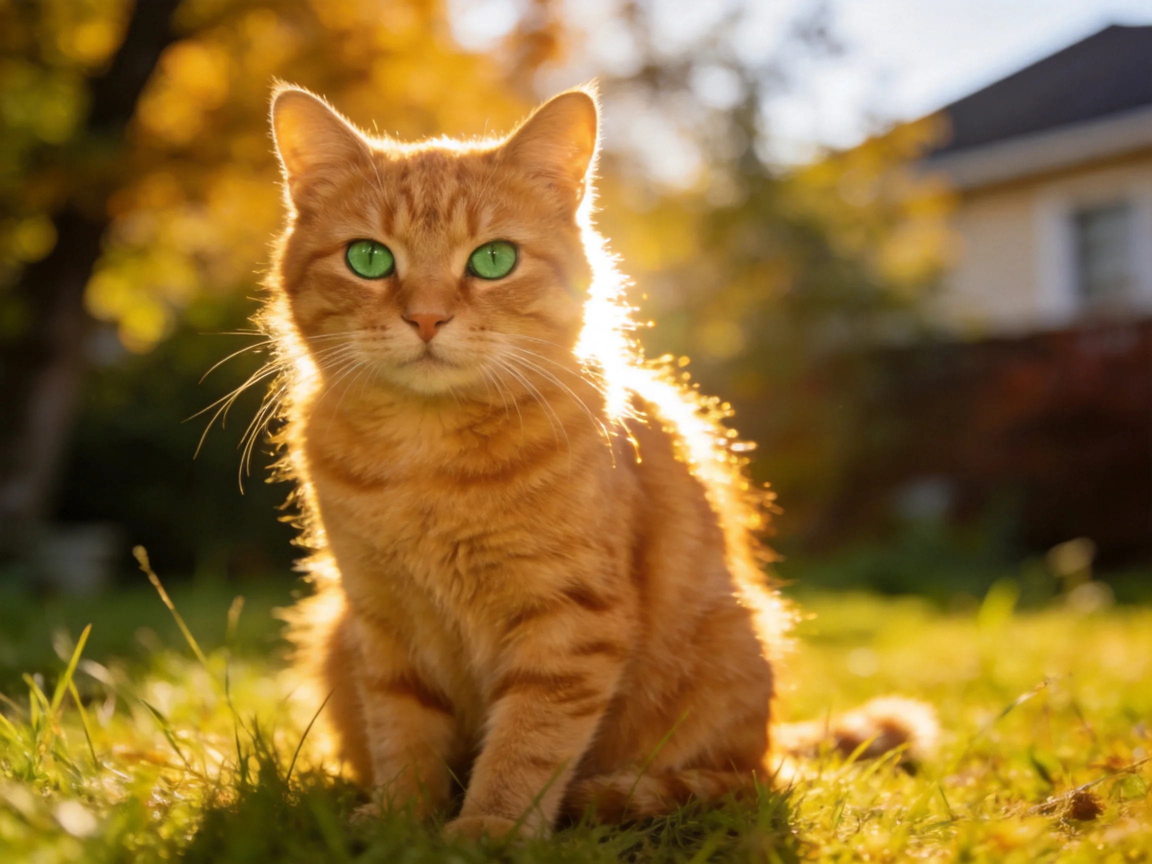 An orange tabby cat with green eyes sits calmly in a sunlit outdoor area.
