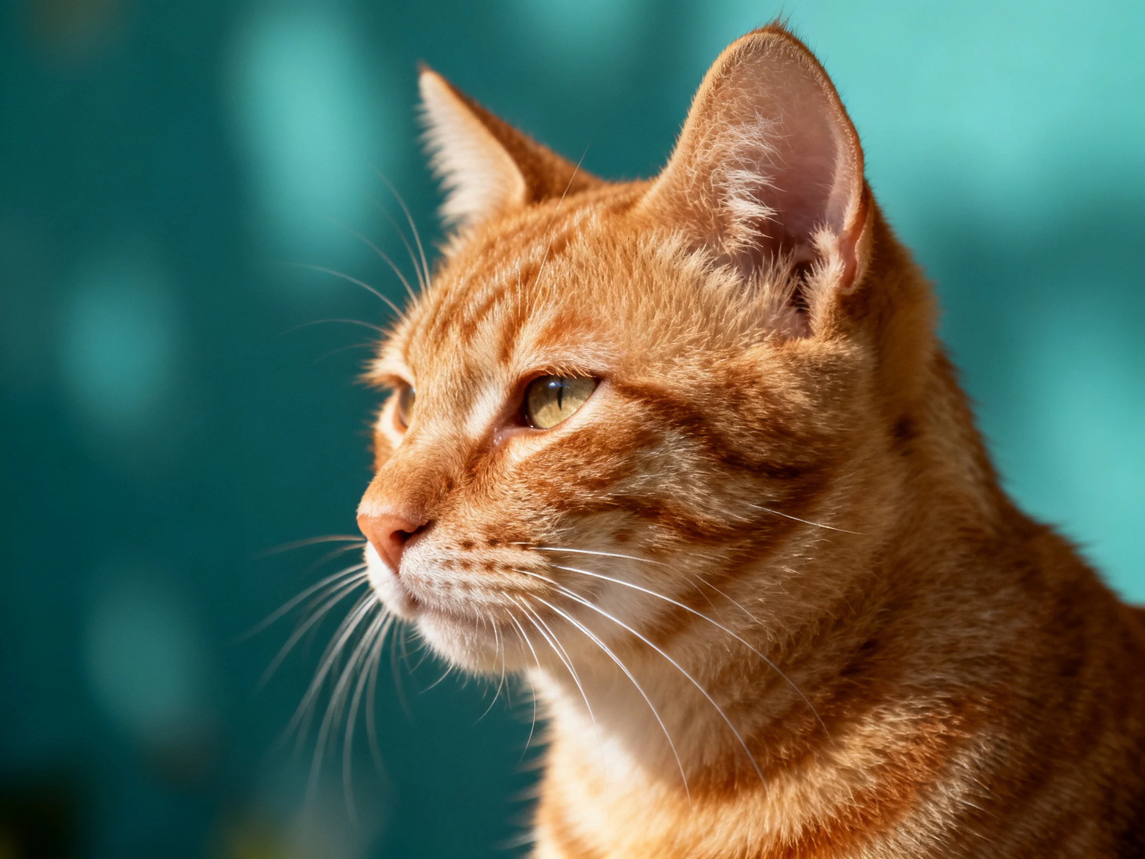 Orange tabby cat with distinct markings near a soft teal backdrop