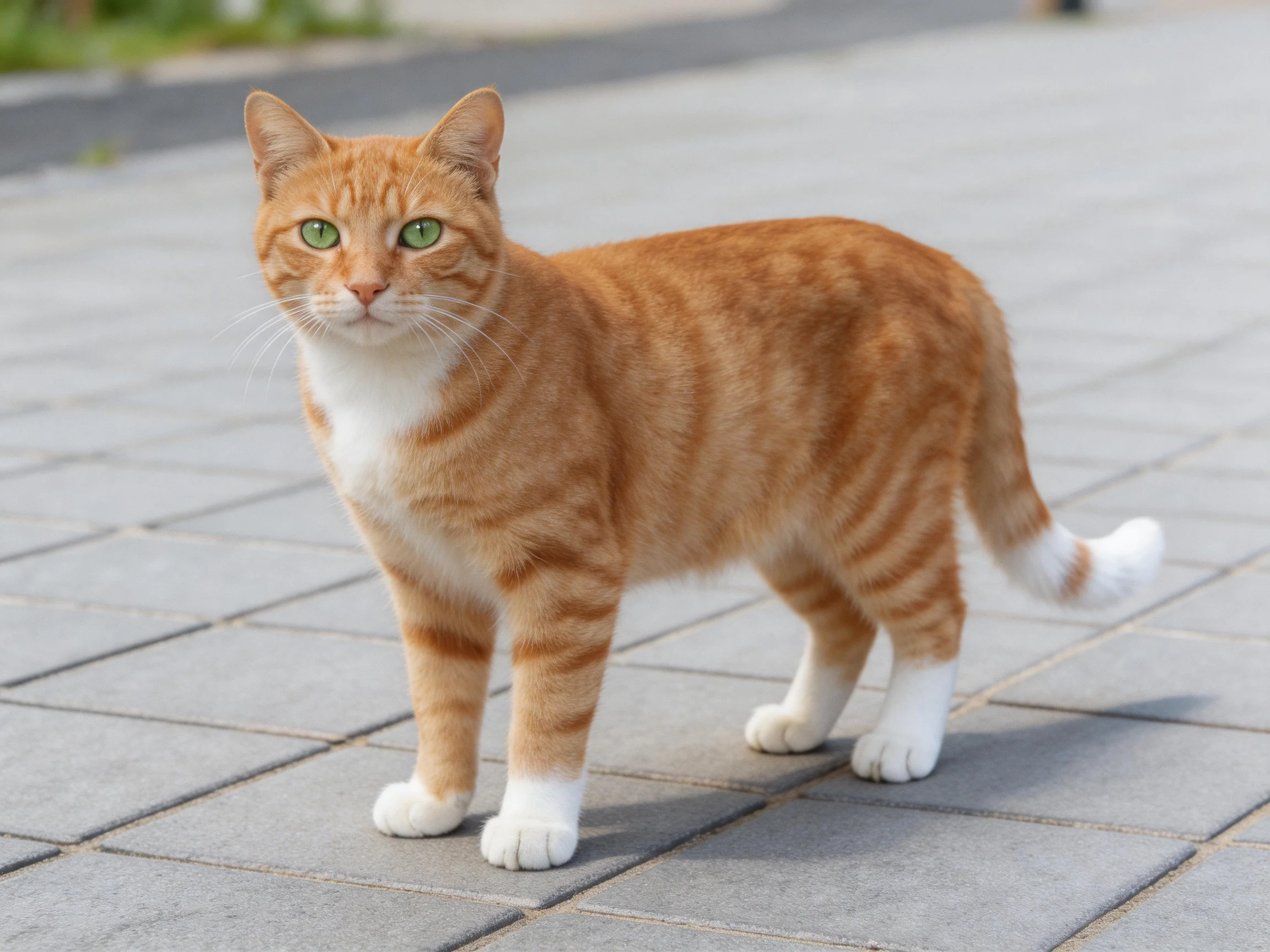 An orange tabby cat with white accents stands on paved tiles.