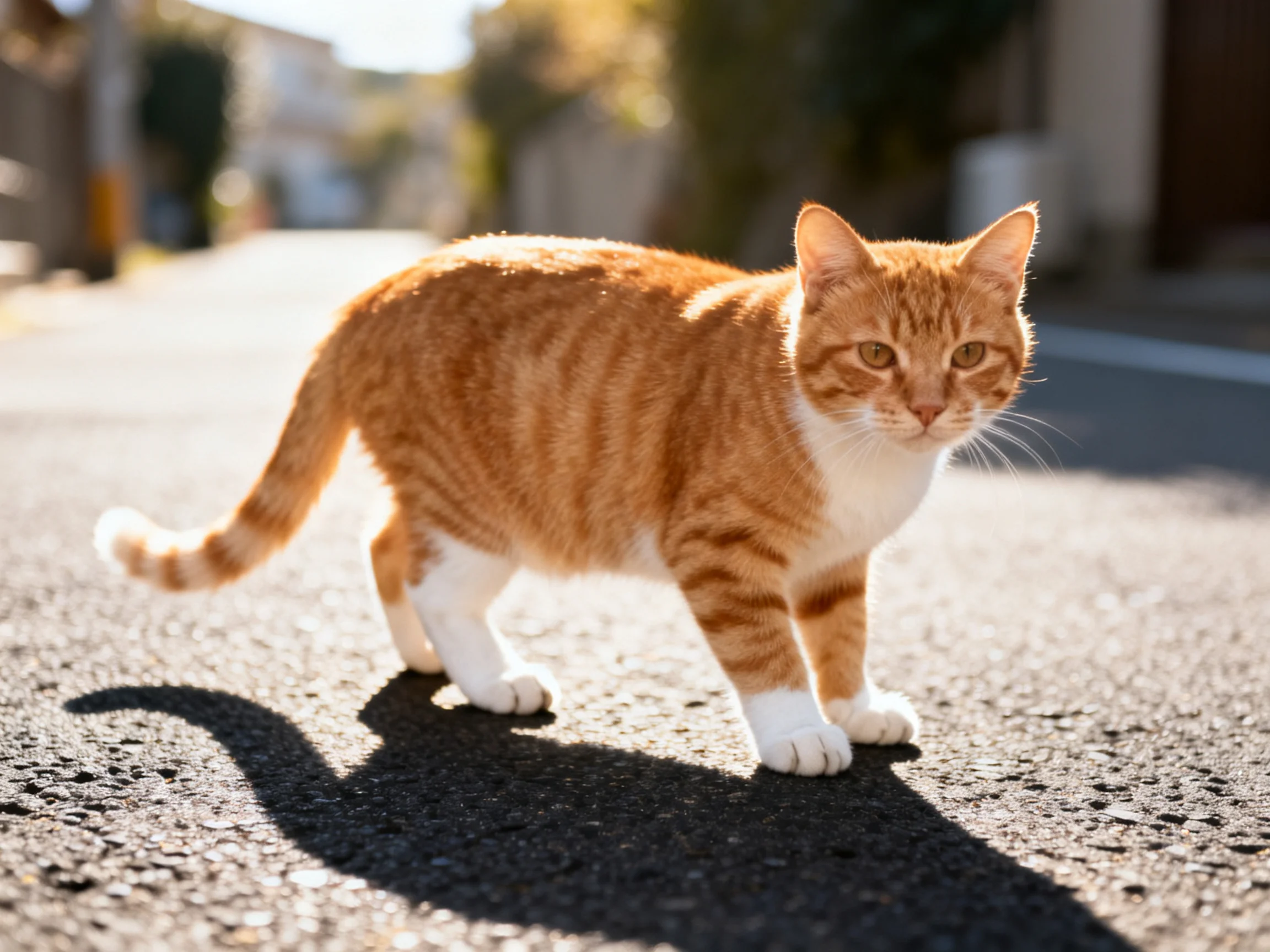 An orange tabby cat walks across a sunlit street.