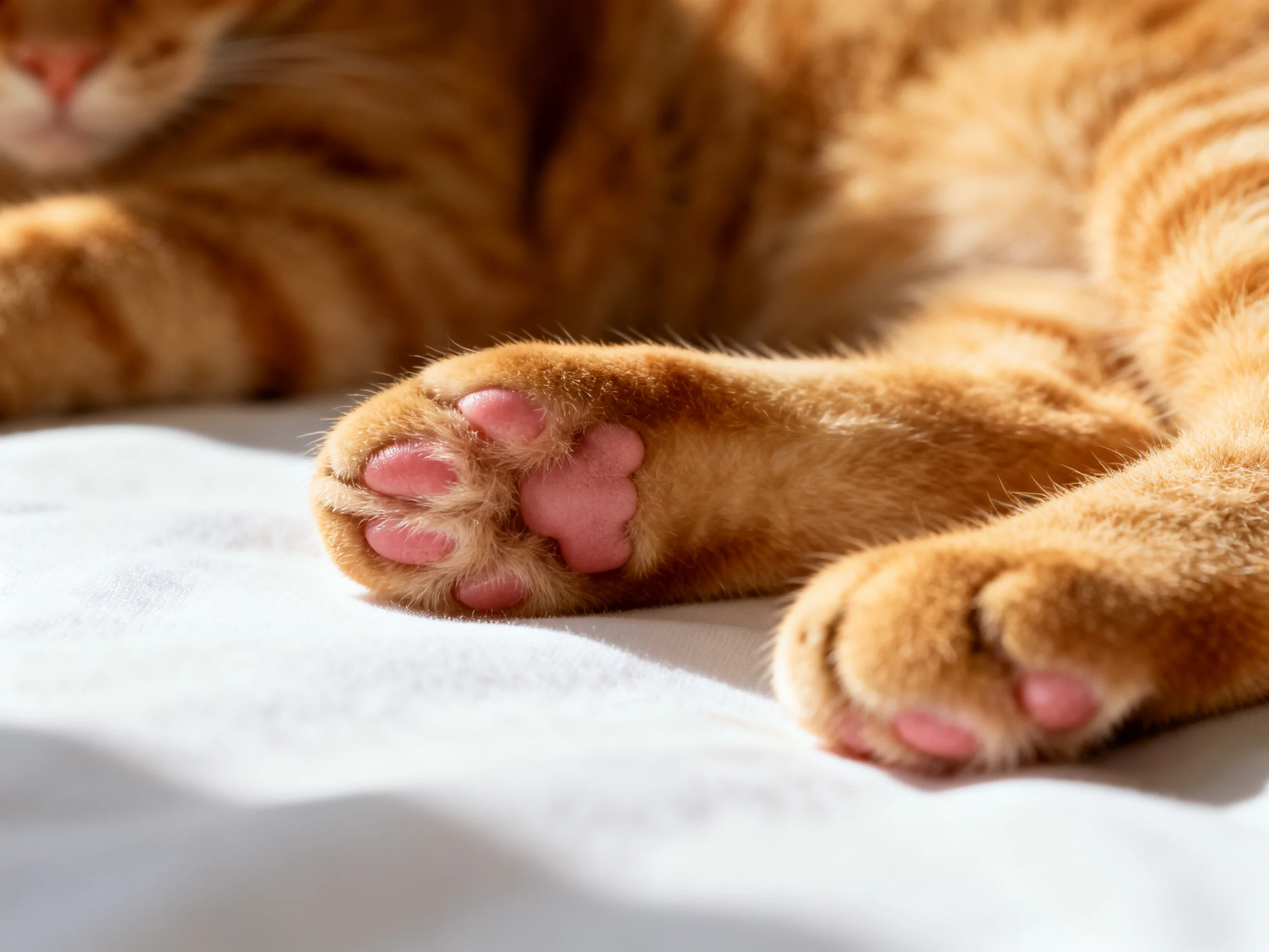 Orange tabby cat’s soft paws on a white fabric surface