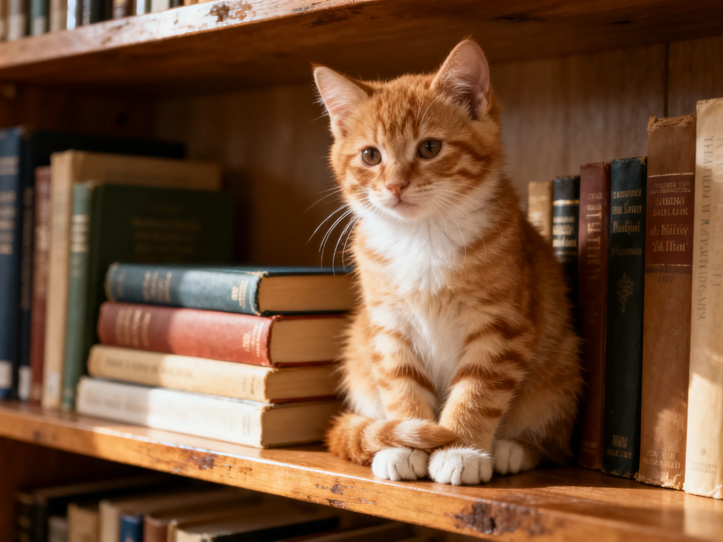 An orange tabby kitten sits among vintage books on a wooden shelf.