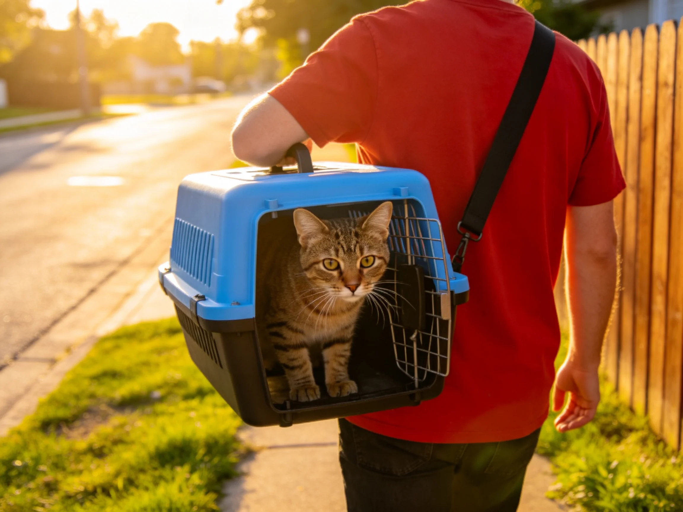 Person in red carries blue pet carrier with tabby cat near wooden fence