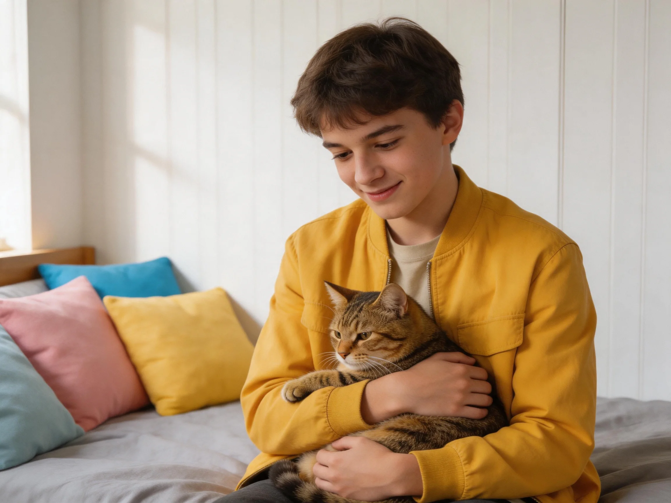 Person in yellow jacket holding a tabby cat near colorful bed cushions