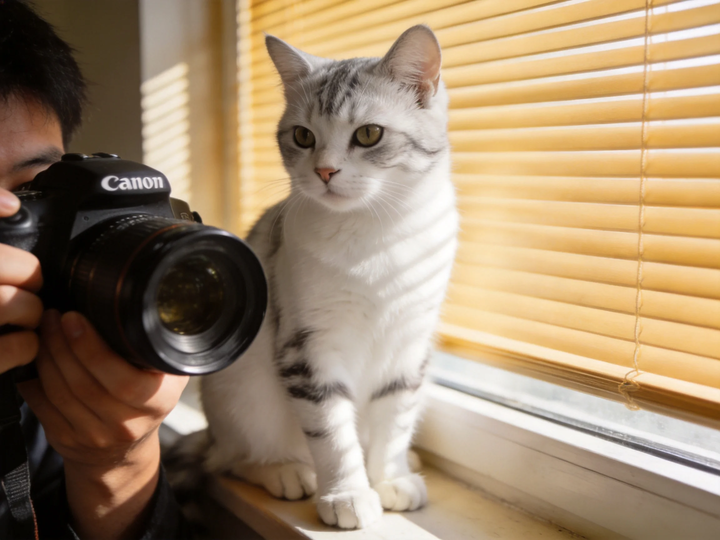 Person photographs white and gray cat near yellow window blinds