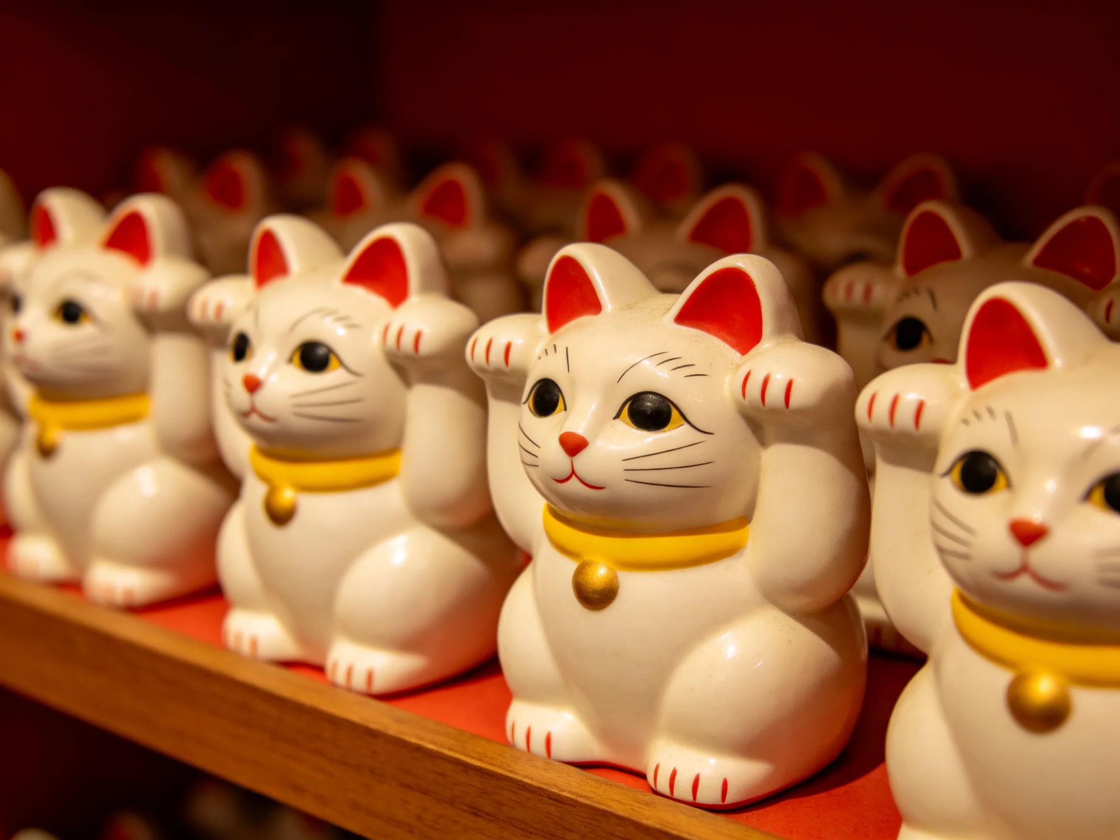 Rows of white ceramic lucky cats with red ears on wooden shelves