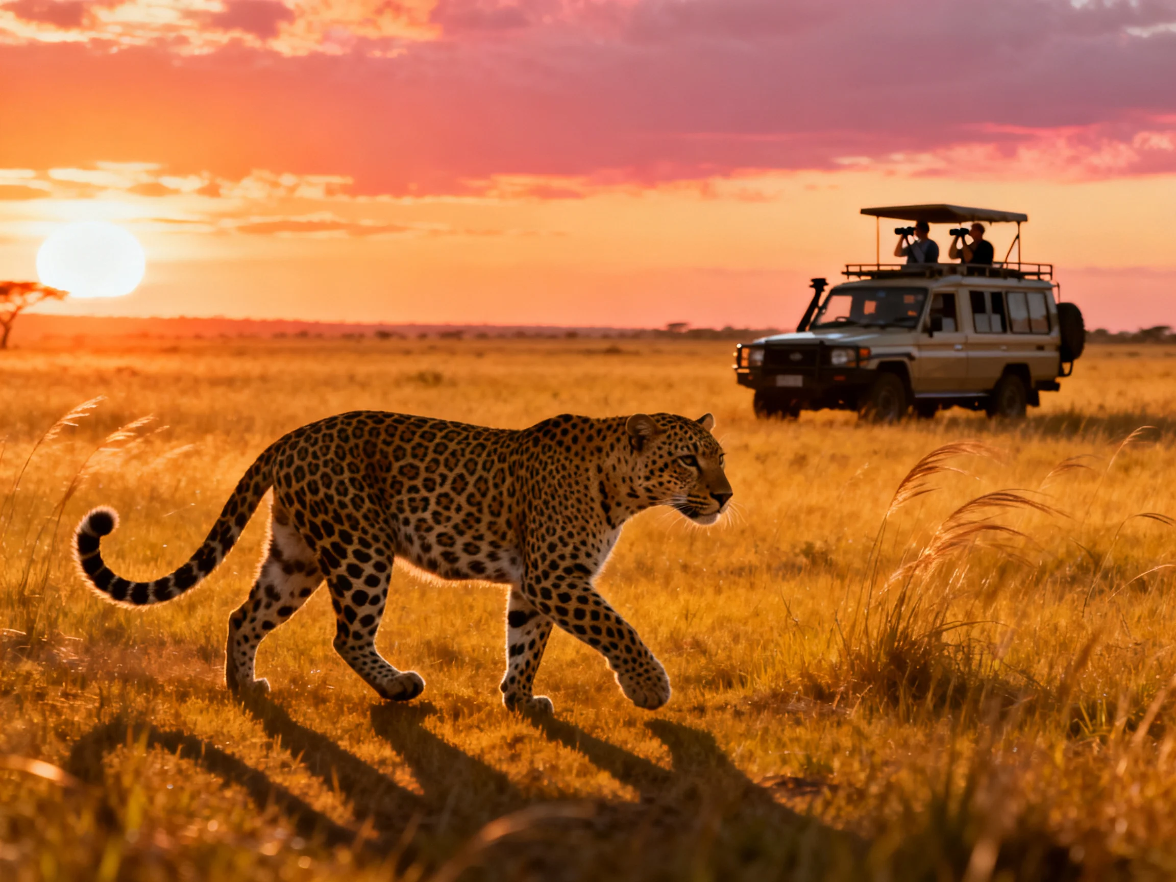 Safari vehicle observes leopard traversing golden savannah at sunset