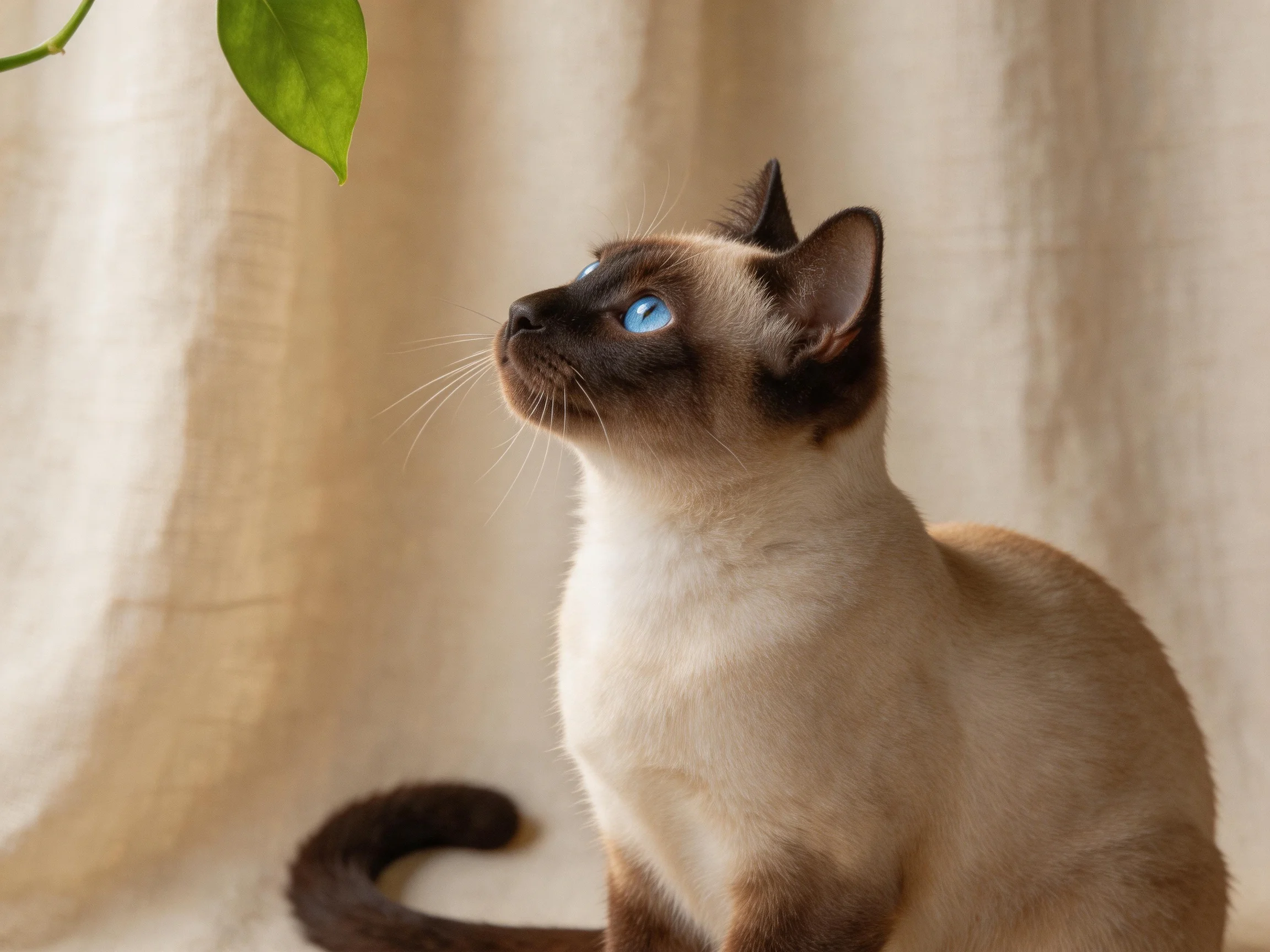 A Siamese cat with blue eyes observes a green leaf in a softly lit setting.