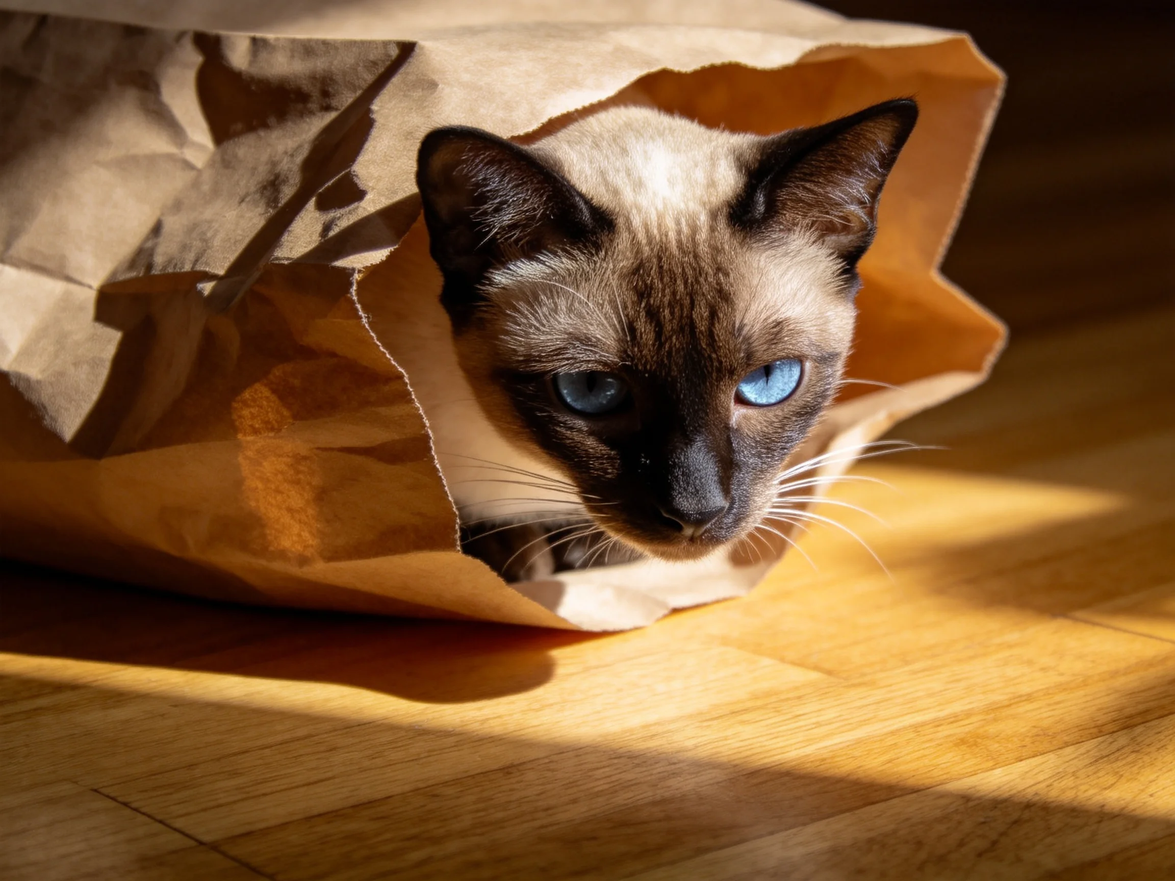 A Siamese cat with blue eyes peeks from a brown paper bag on a wooden floor.