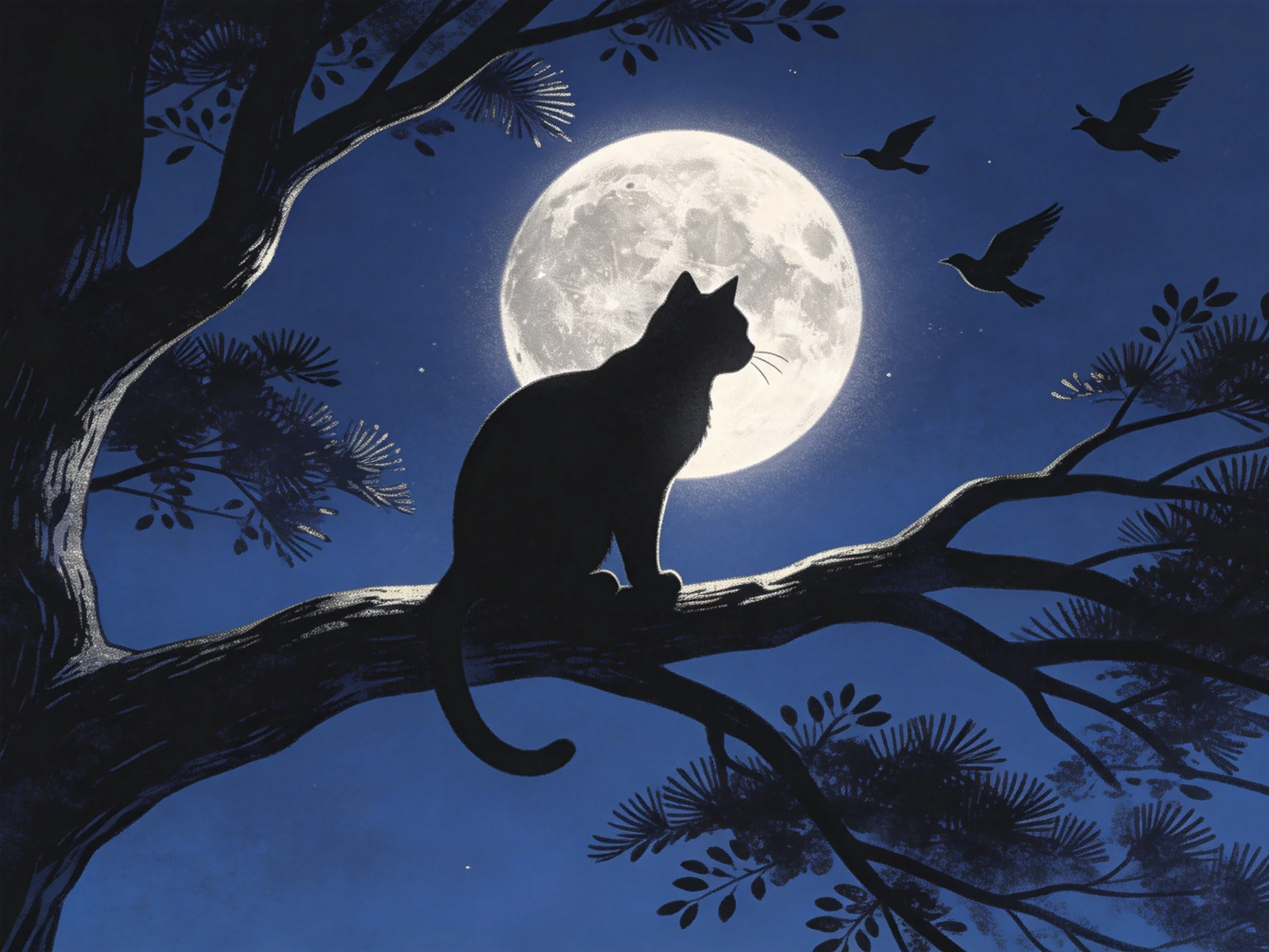 Silhouetted Cat on Tree Branch Under Bright Full Moon with Birds