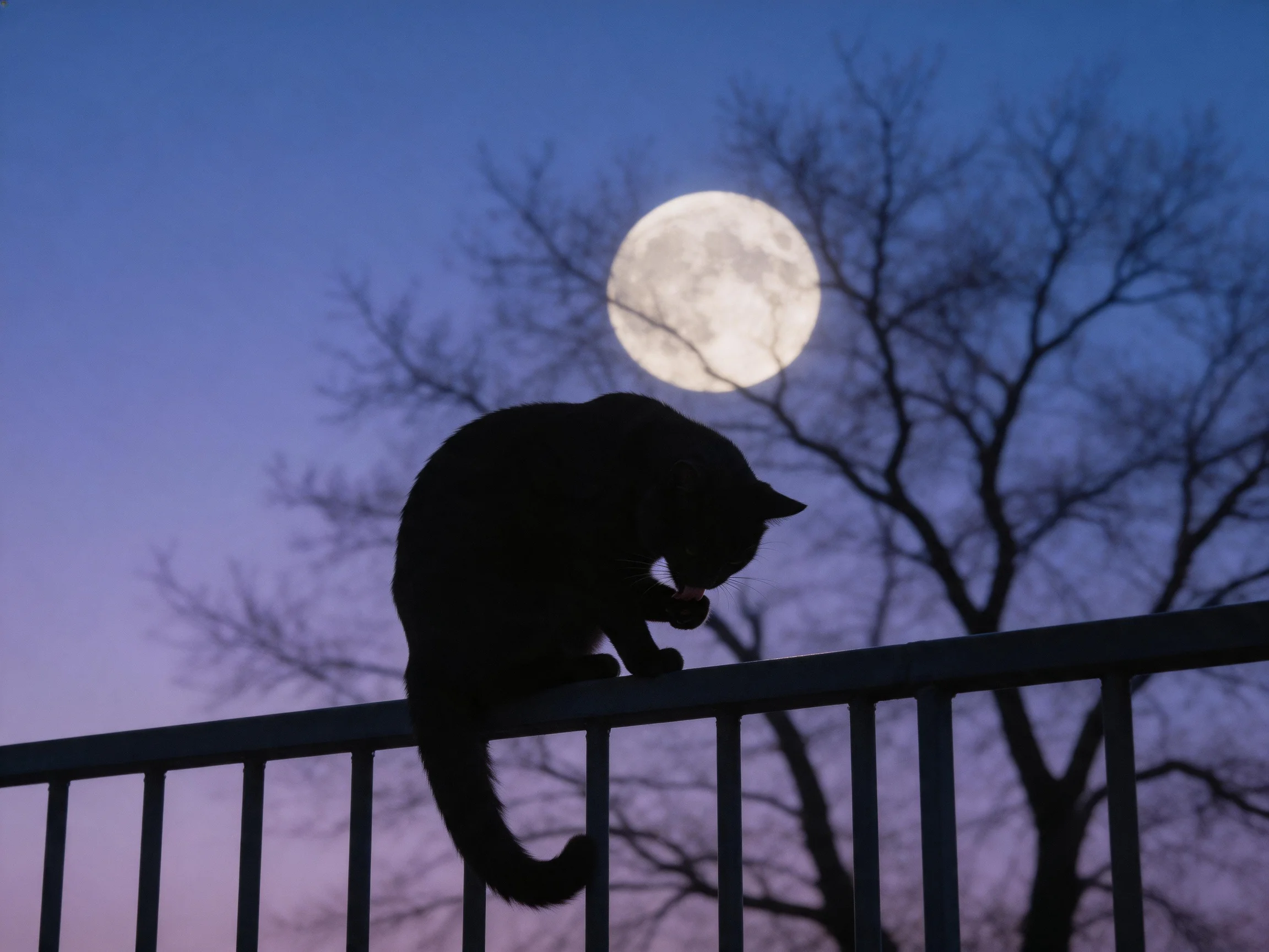 Silhouetted black cat on metal fence beneath full moon in twilight