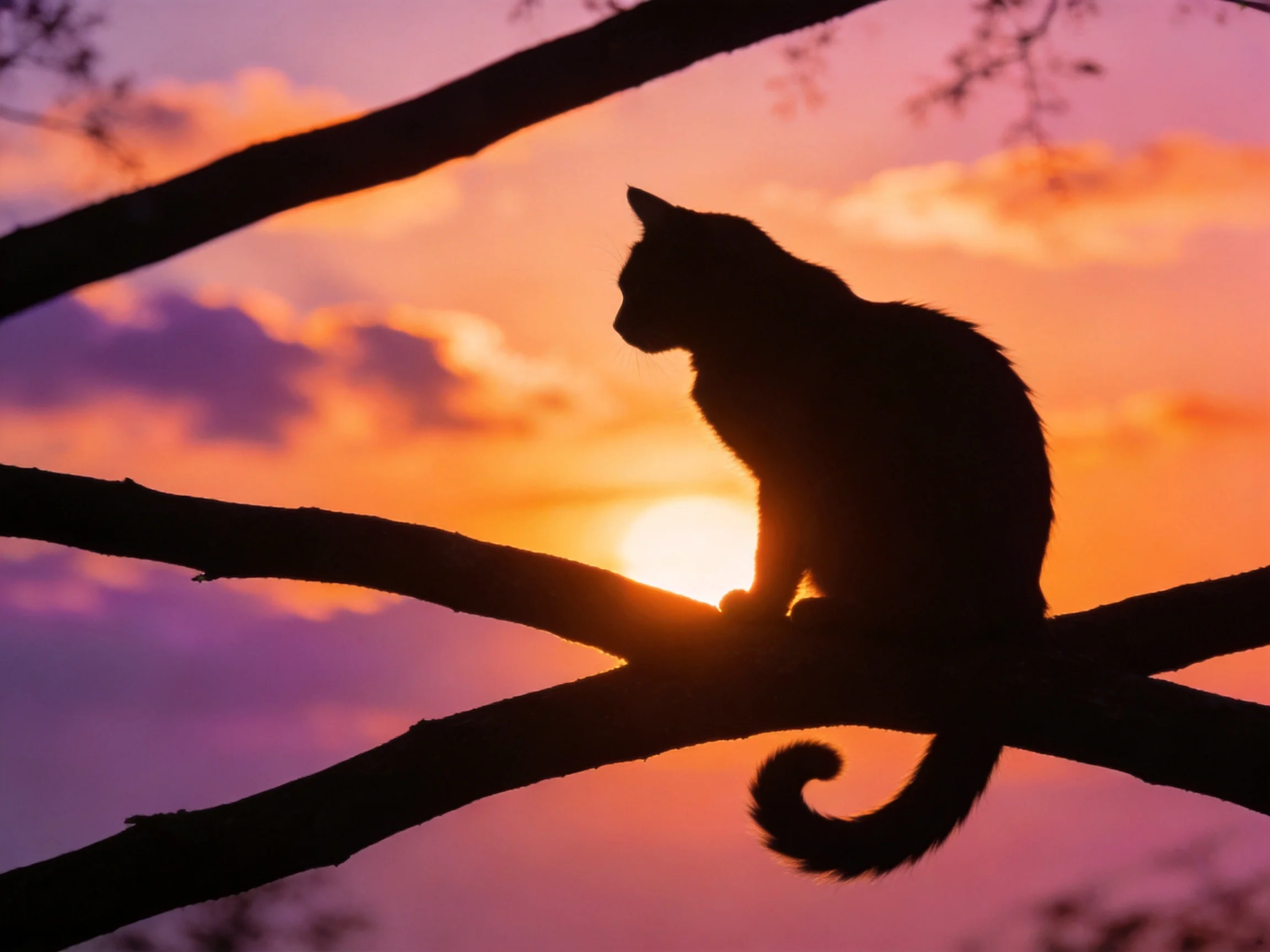 Silhouetted cat perched on tree branches during vibrant sunset