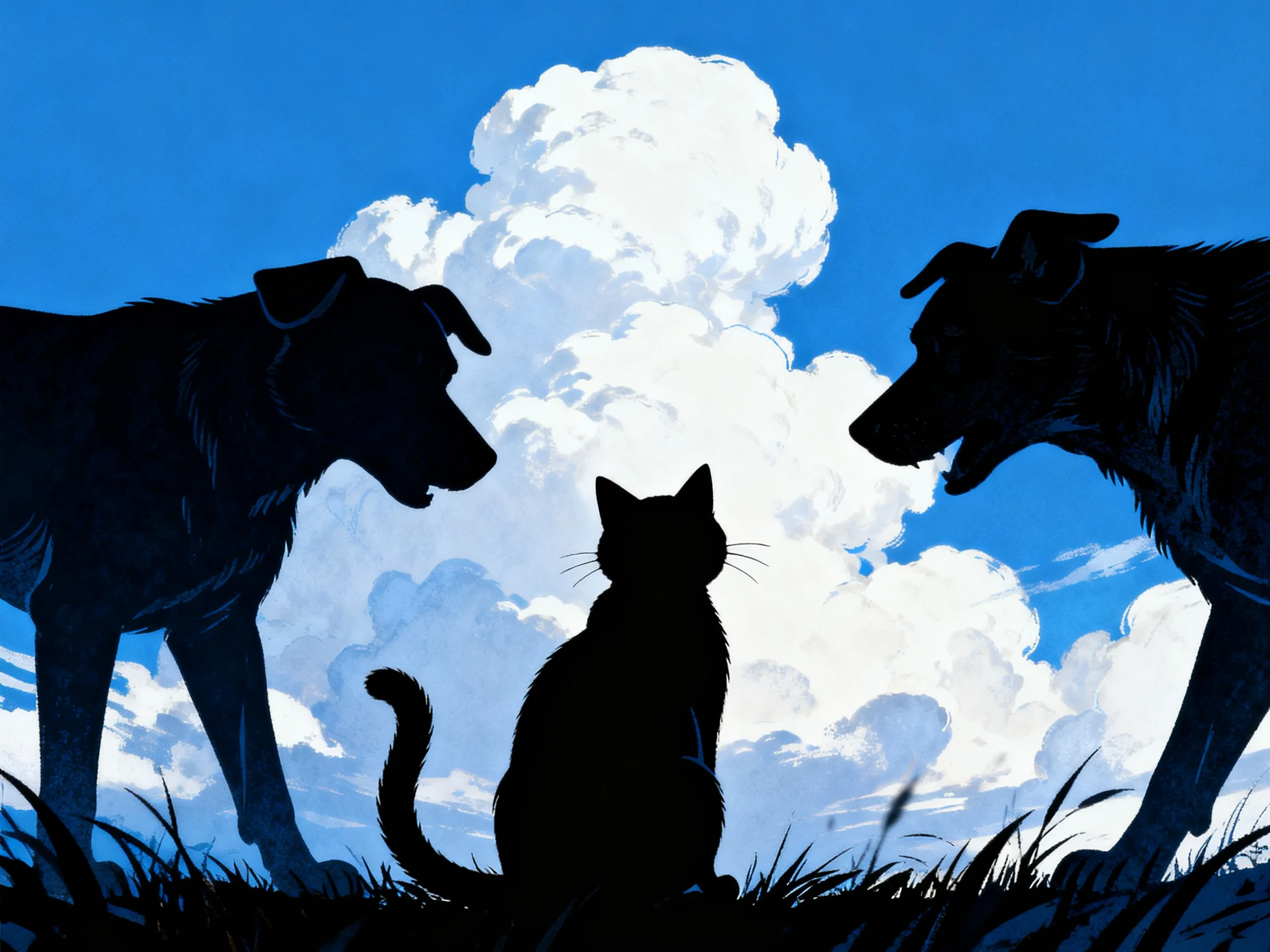 Silhouetted dogs and a cat gather near tall grass under a bright blue sky.