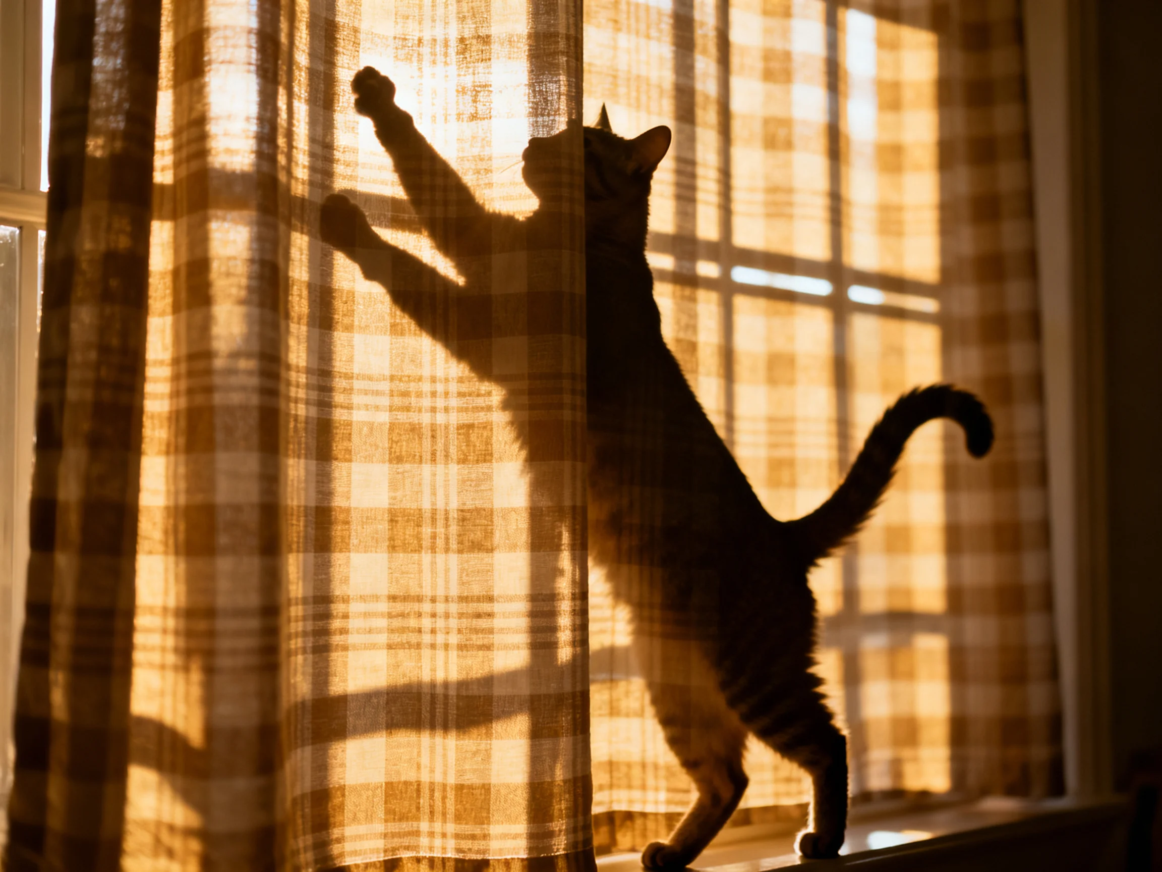 Silhouetted tabby cat reaching toward a golden plaid curtain by a sunlit window