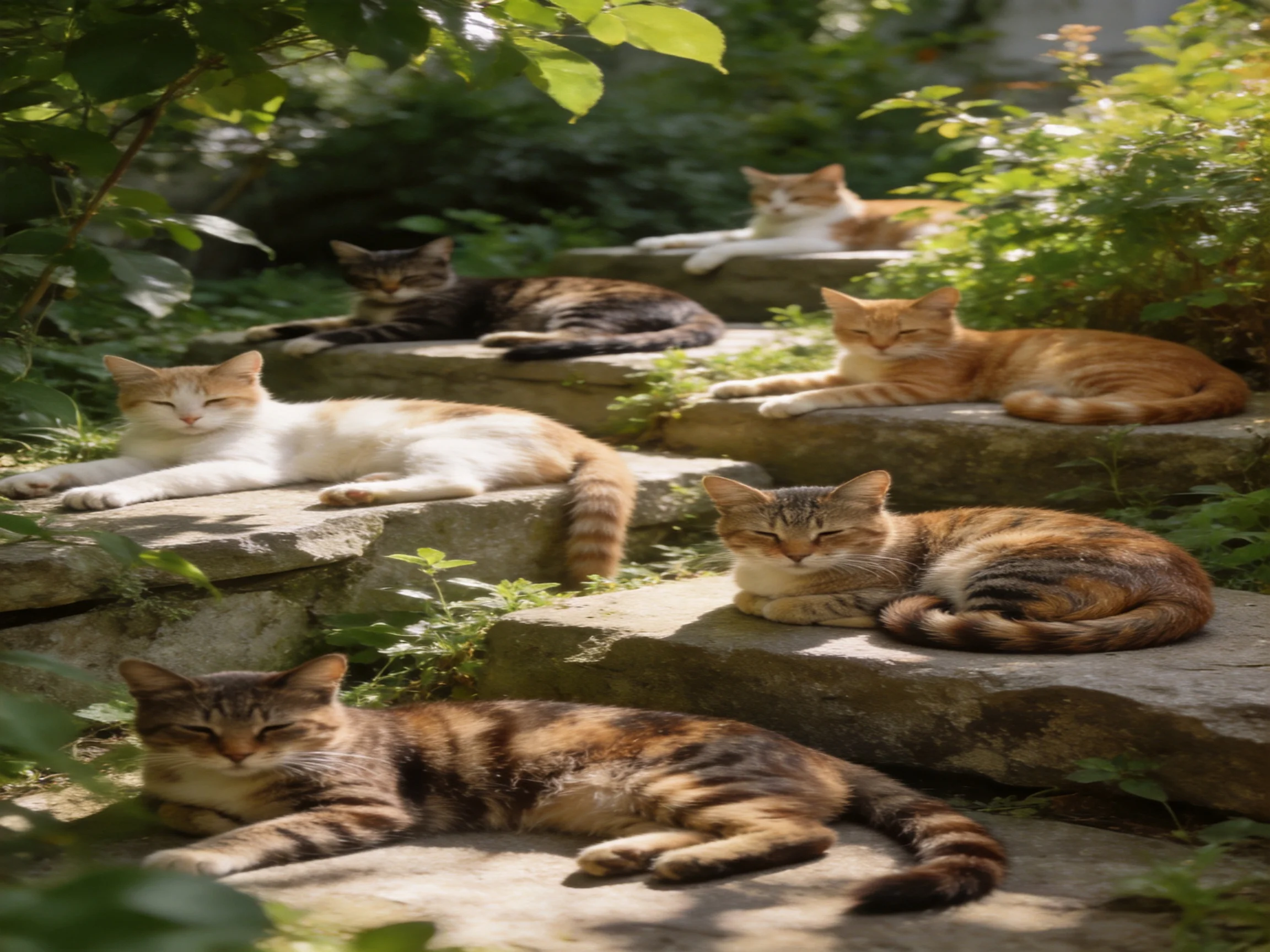 Six cats of mixed colors relax on stone steps amid greenery