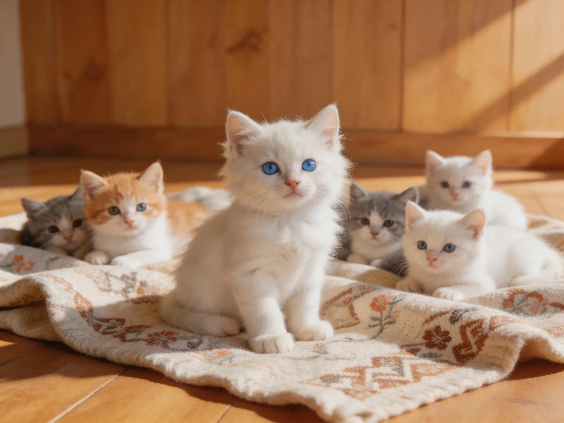 Six kittens of assorted colors relax on a patterned rug in a sunlit wooden room.