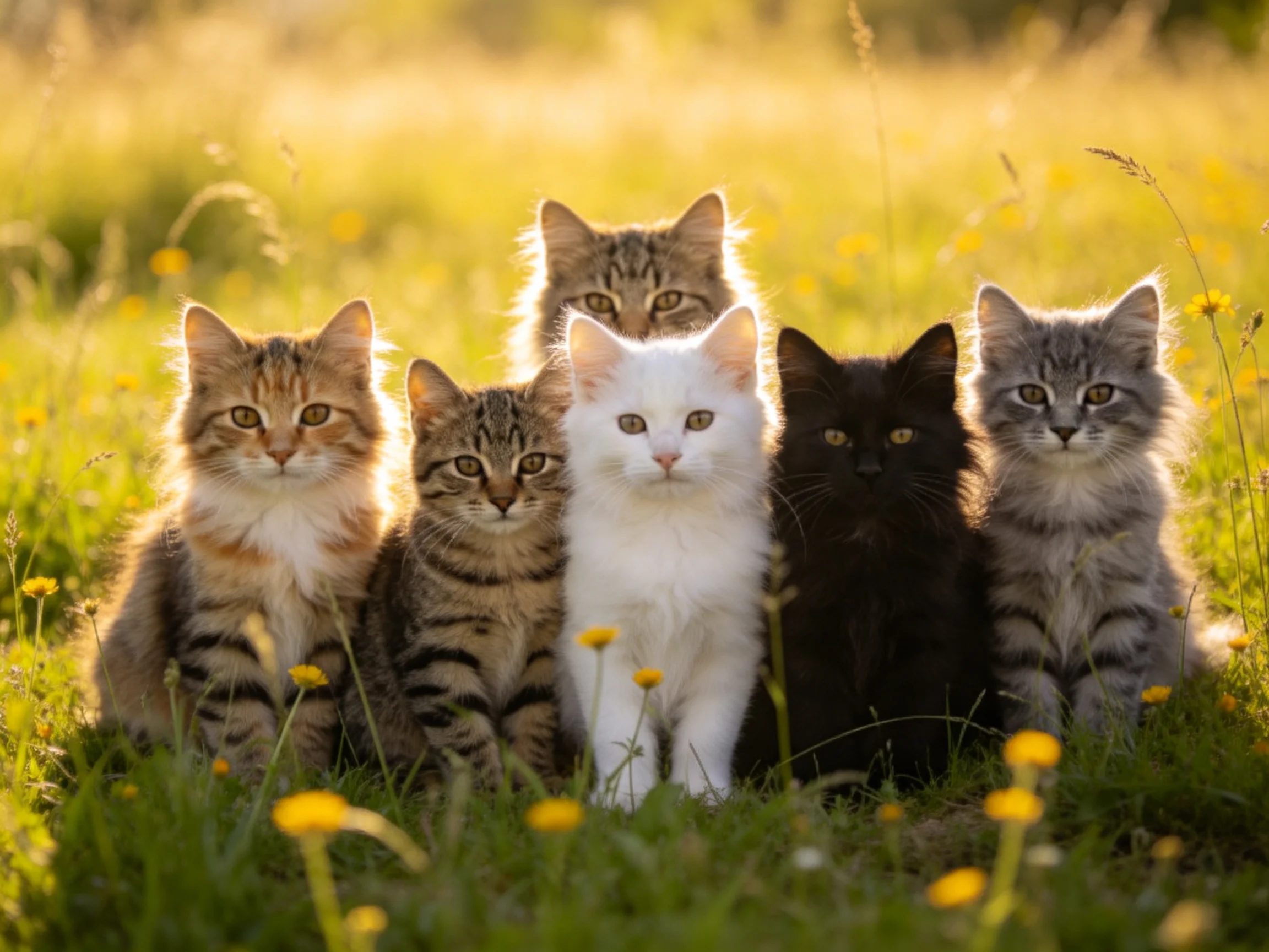 Six kittens of different colors gather in a sunlit meadow