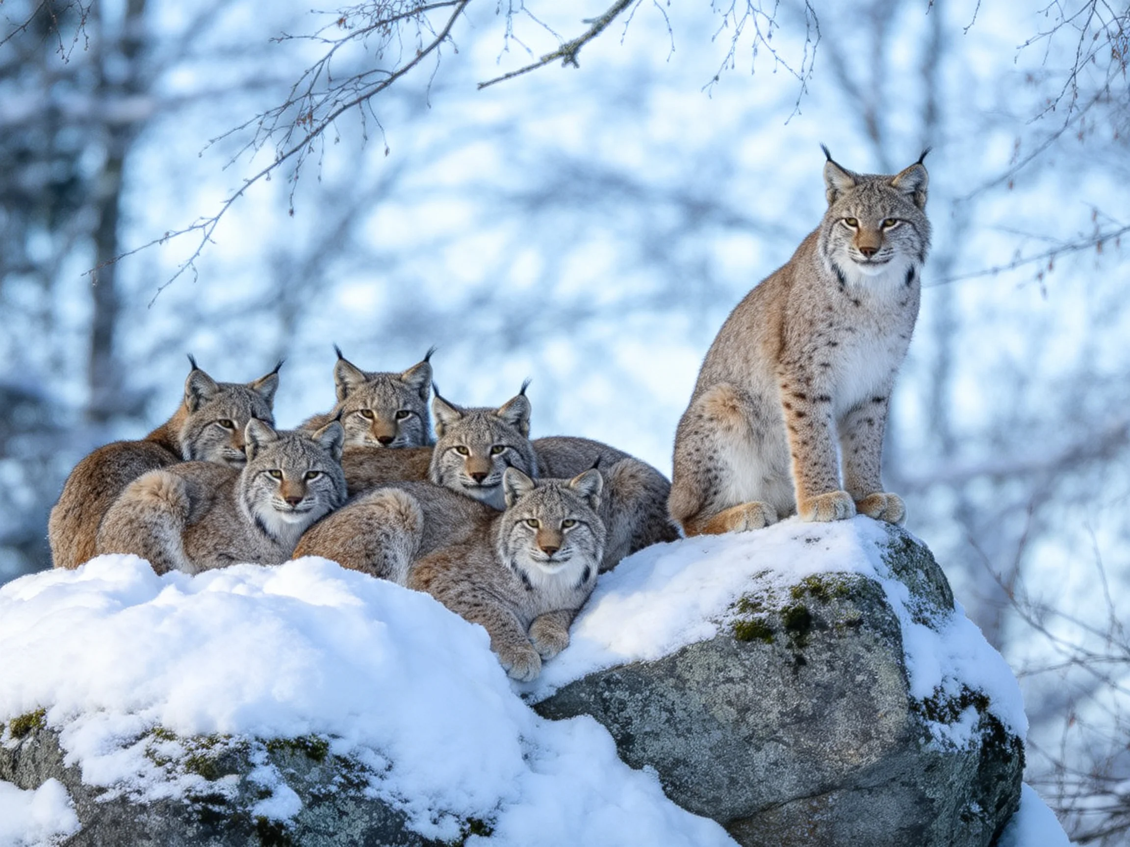 Six lynxes gather on snow-covered rocks in a wintry forest