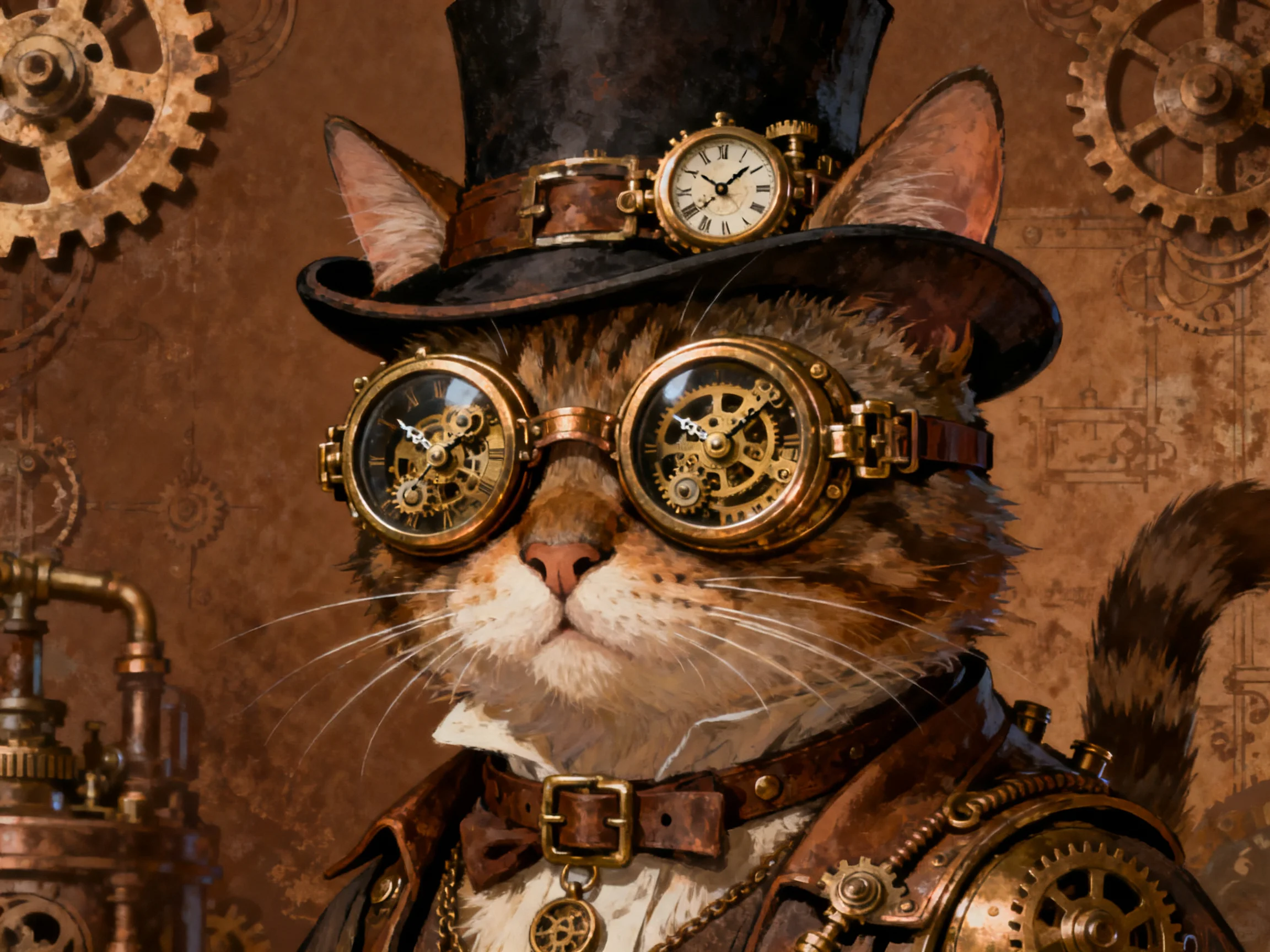 Steampunk cat adorned with brass gear goggles and top hat