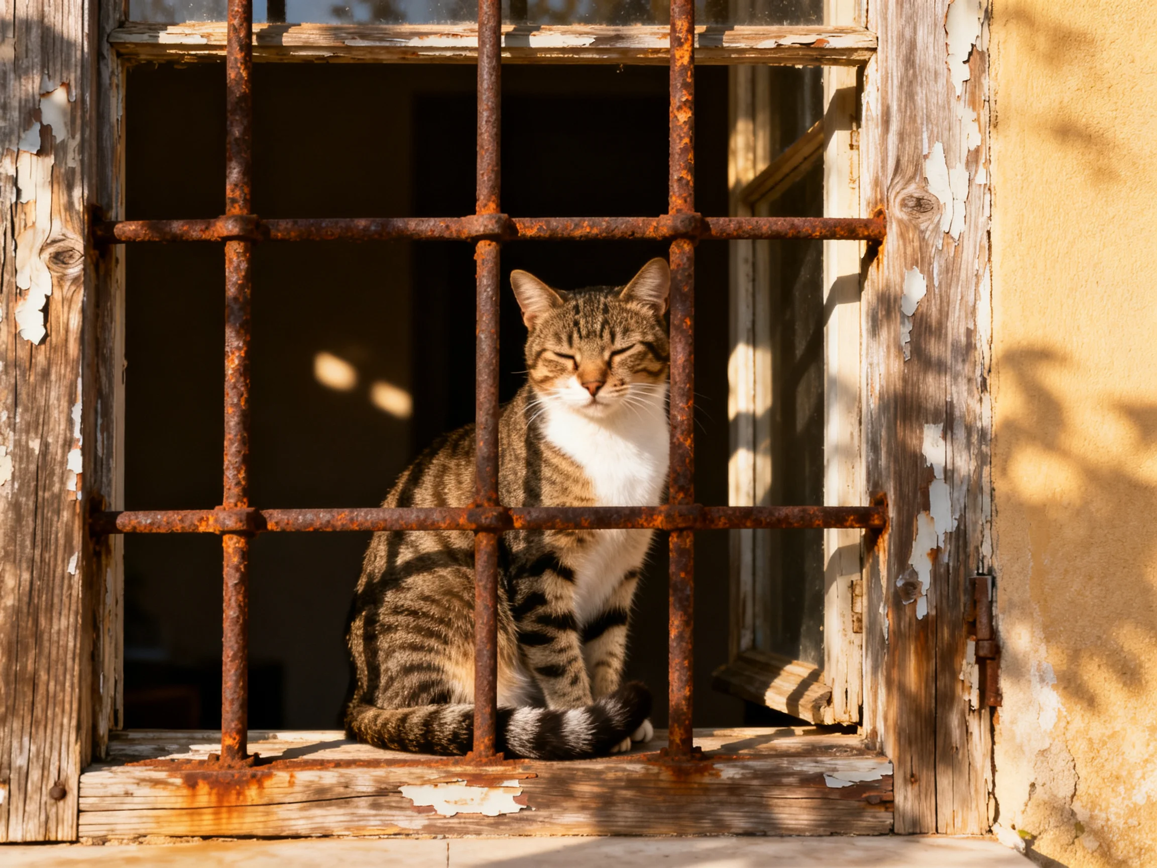 Tabby cat behind rusted iron bars in aged wooden window