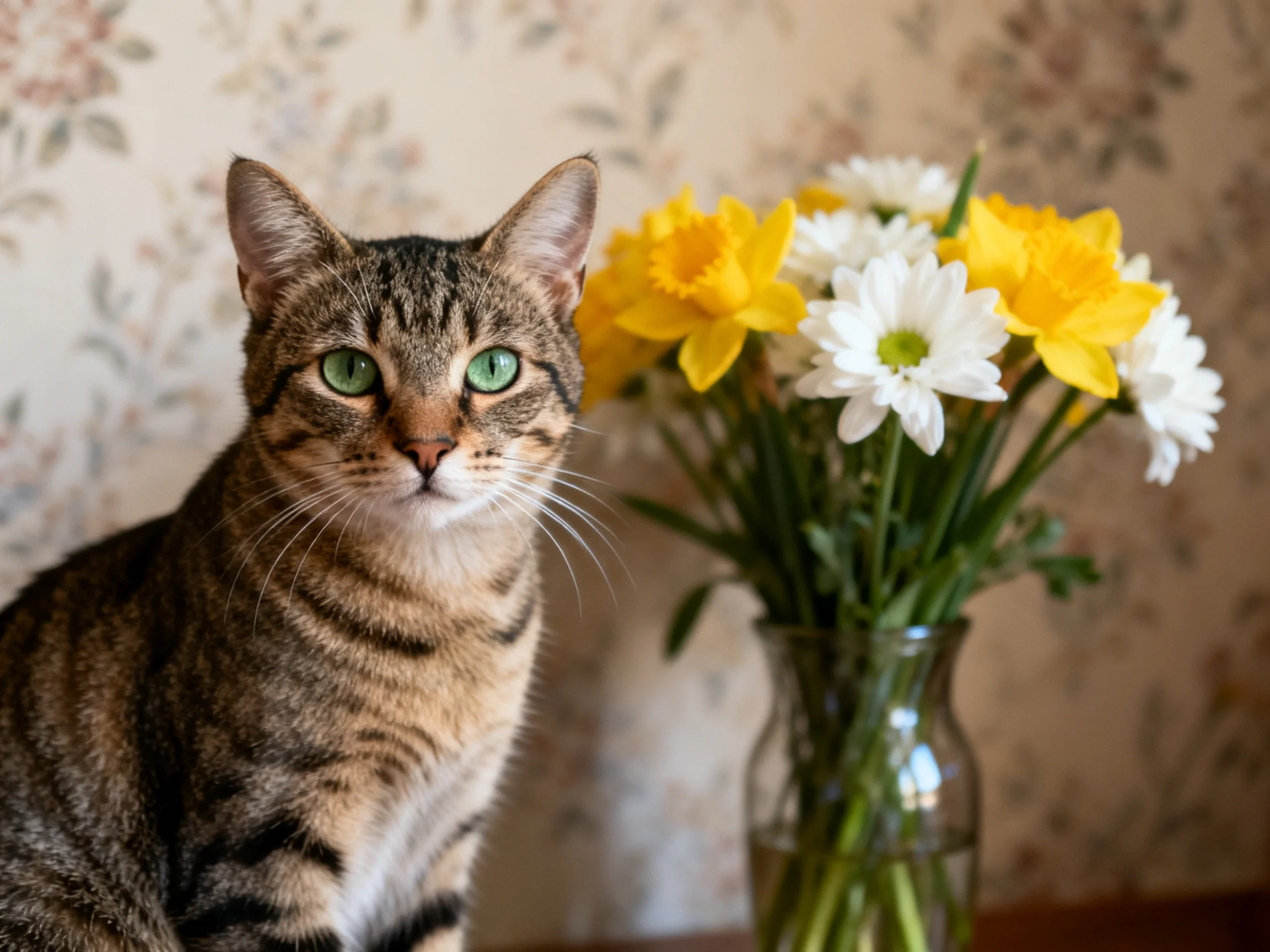 A tabby cat sits near a vase with yellow and white flowers.