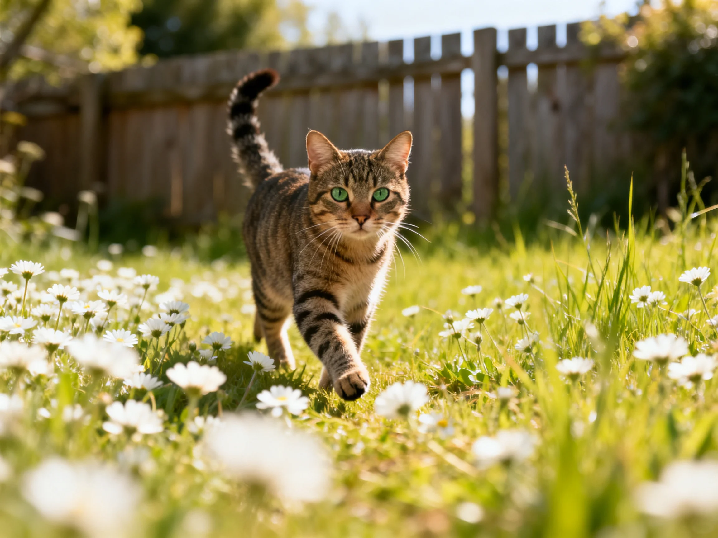 A tabby cat walks through a flower-filled backyard near a wooden fence.