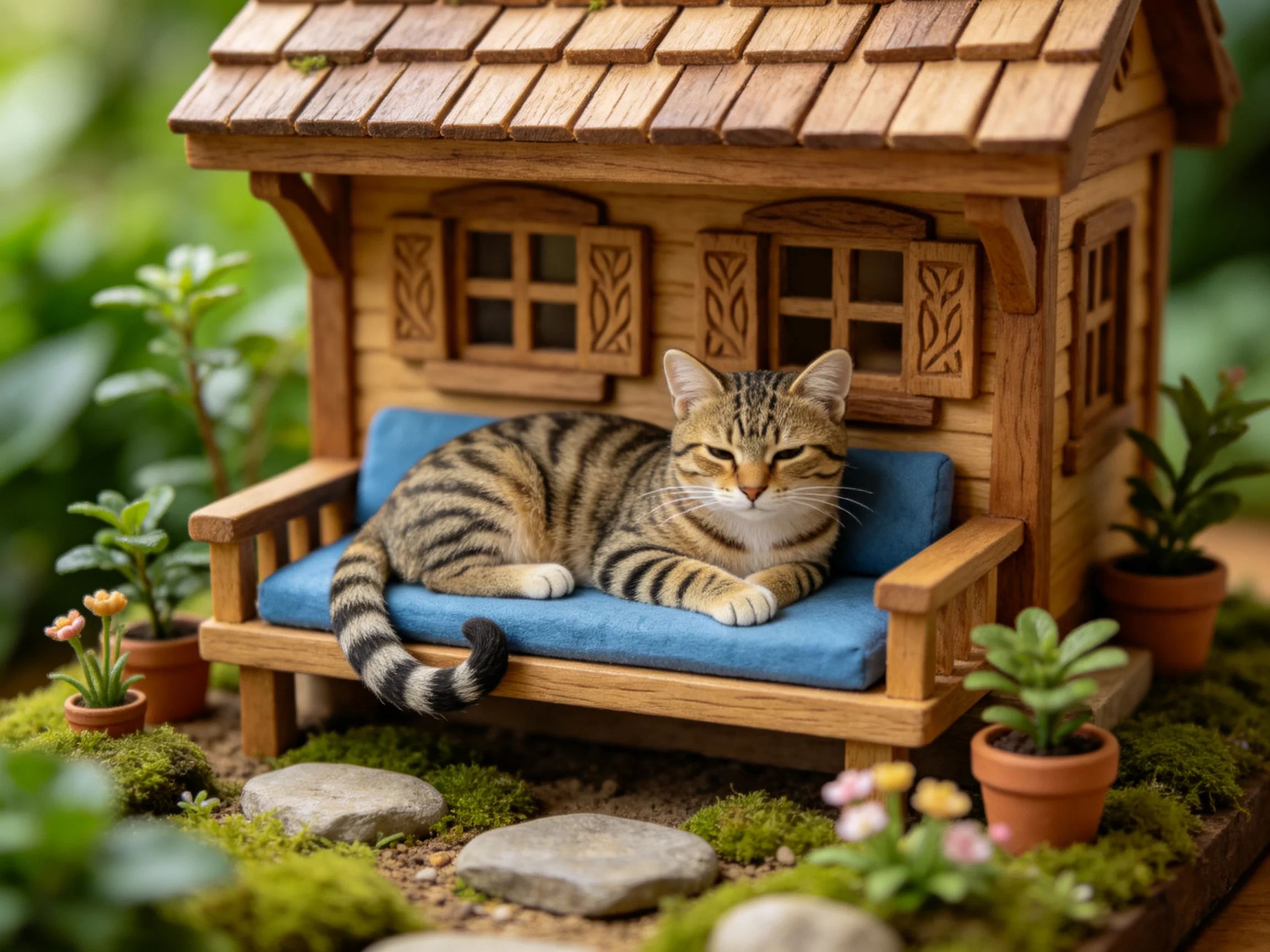 Tabby cat lounges on blue cushion in tiny wooden cottage