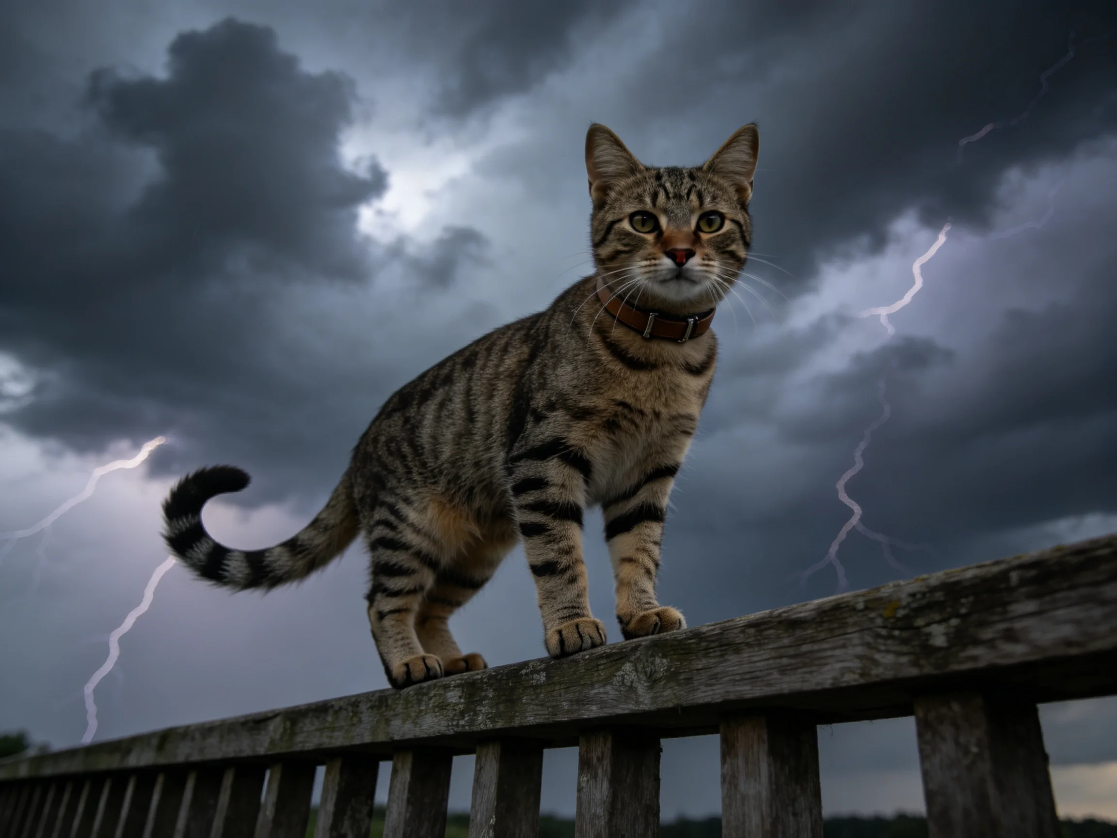 A tabby cat stands on a wooden fence during a stormy sky with lightning