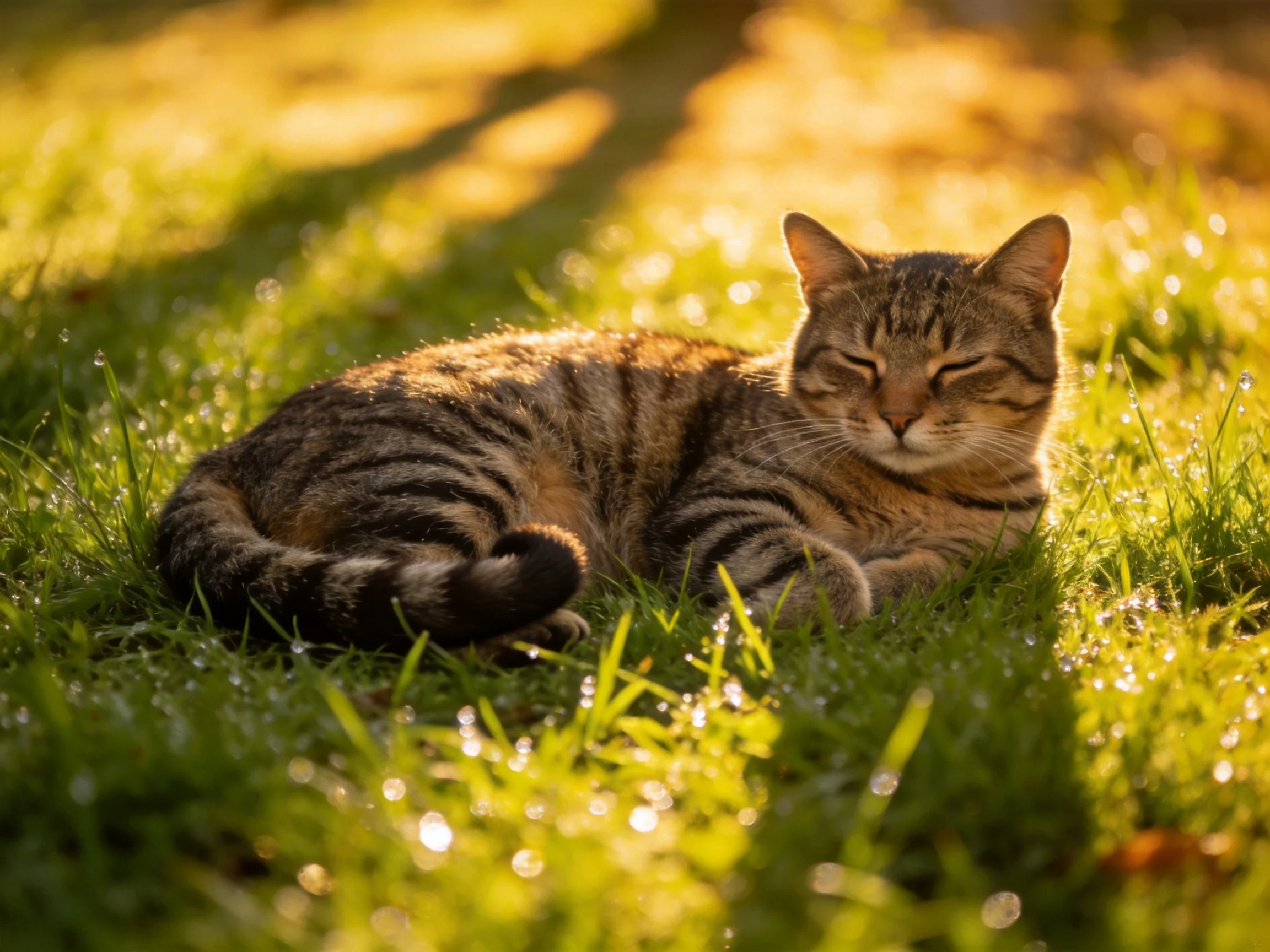 Tabby cat resting on dewy green grass in golden sunlight