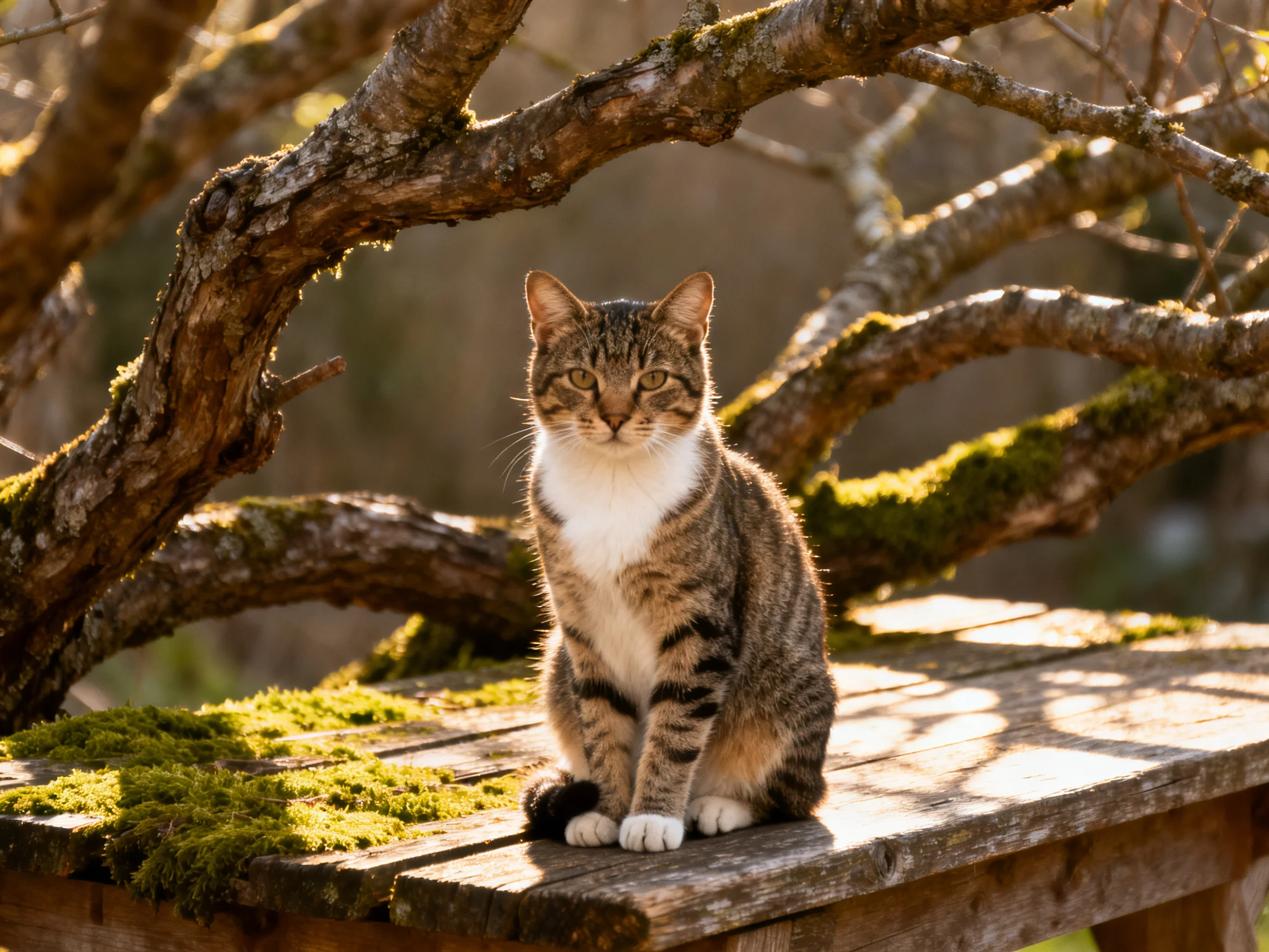 Tabby cat sits on moss-covered wooden bench amidst gnarled tree branches