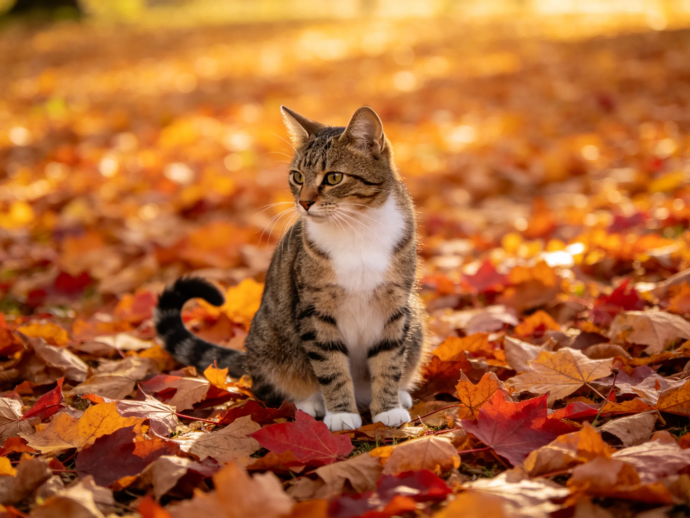 Tabby cat sitting on colorful autumn leaves in golden light