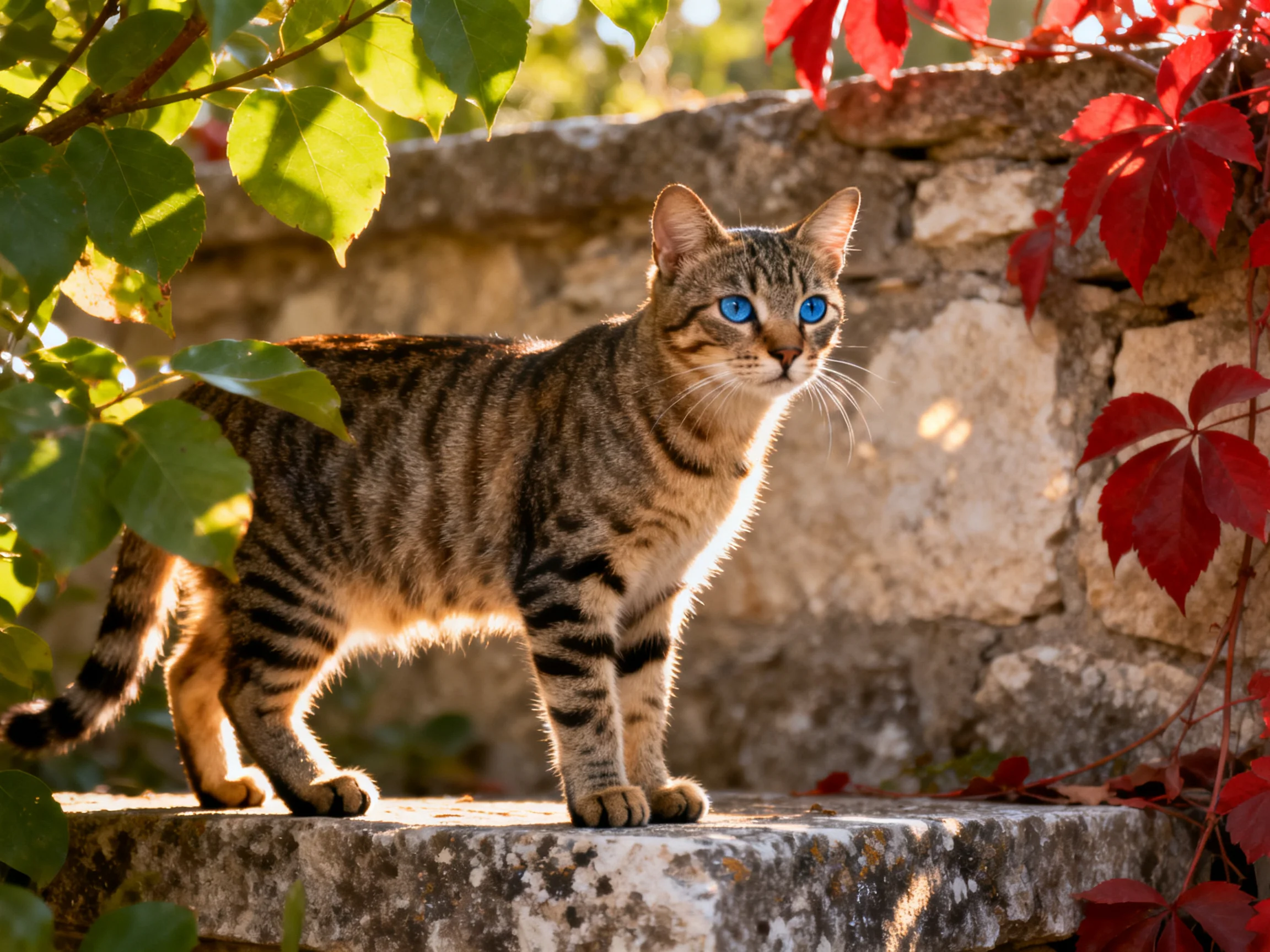 Tabby cat with blue eyes stands near stone wall amid green and red leaves.