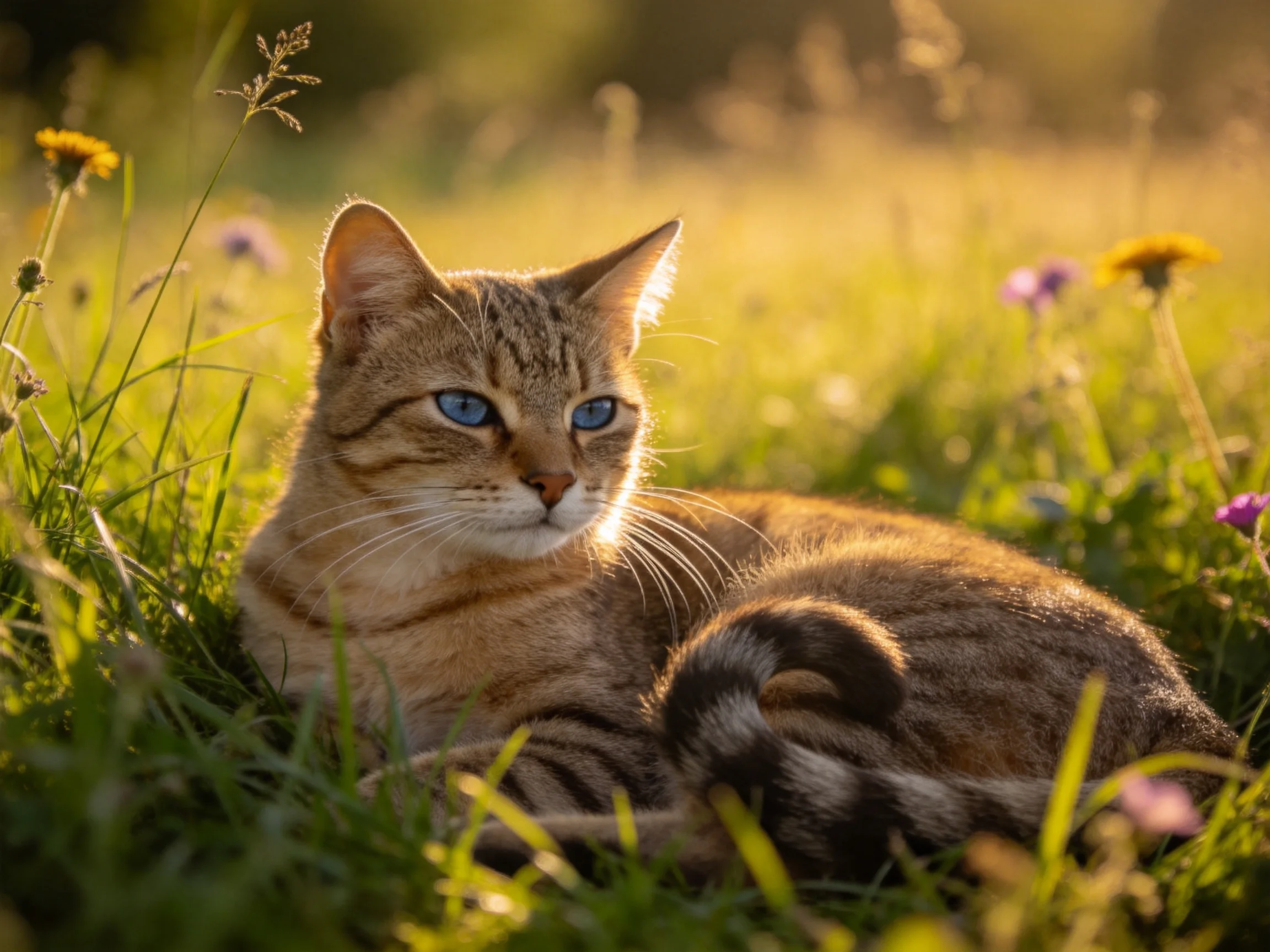 Tabby cat with blue eyes resting in sunlit wildflowers