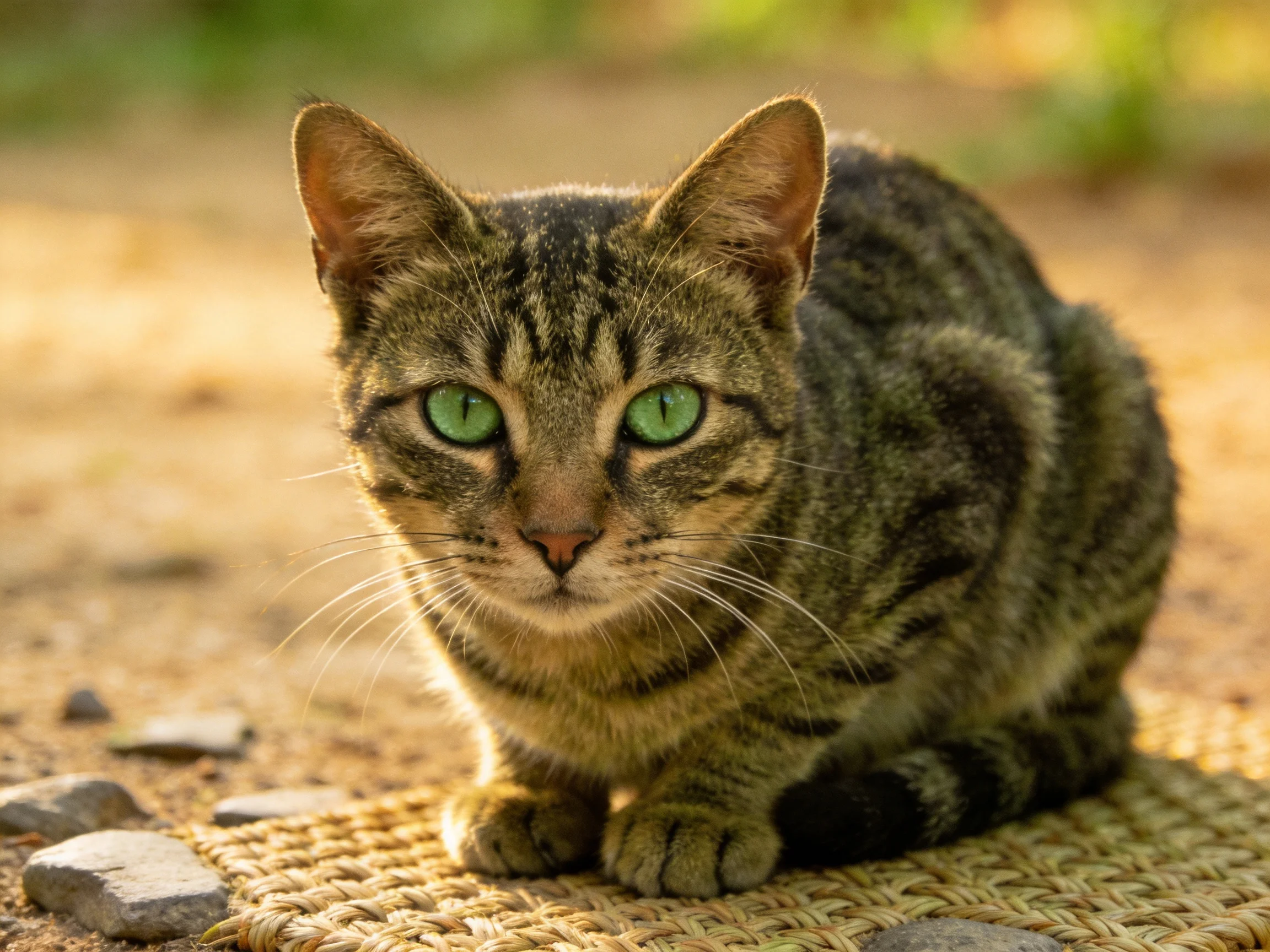 A tabby cat with green eyes sits on a woven mat in an outdoor setting.