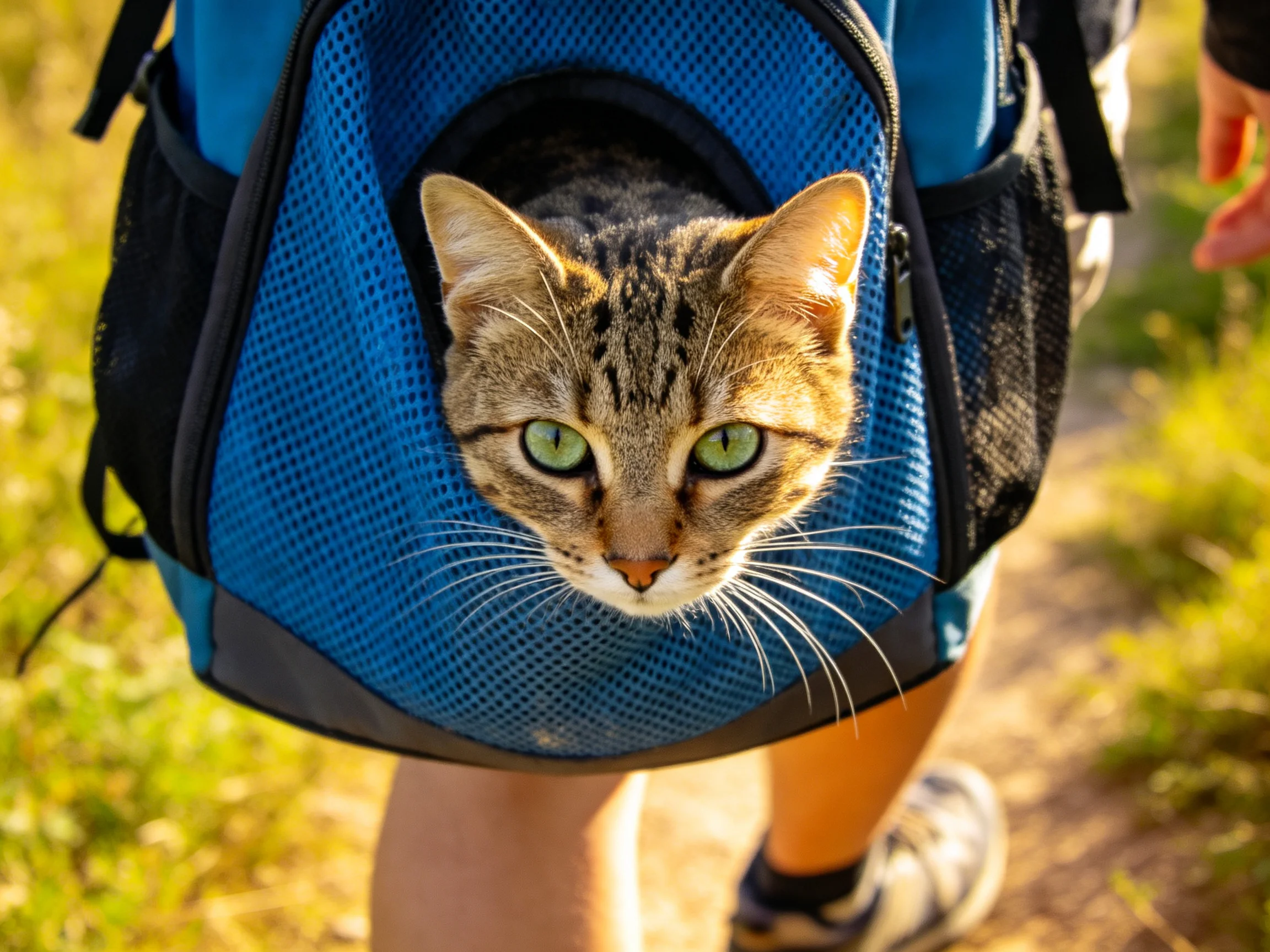 A tabby cat with green eyes looks out from a blue pet backpack in an outdoor area.