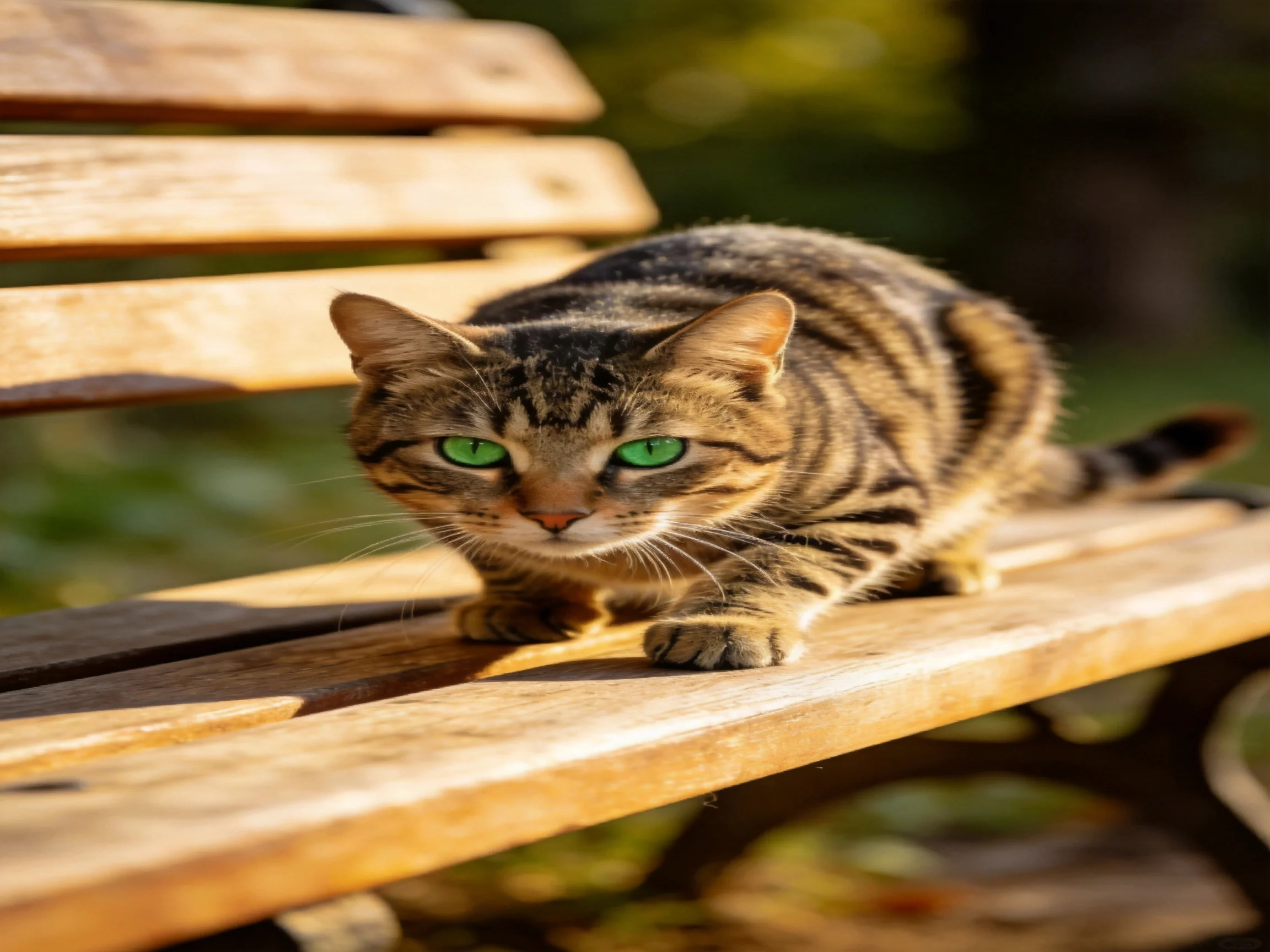 A tabby cat with green eyes rests on a wooden bench in a sunlit outdoor area