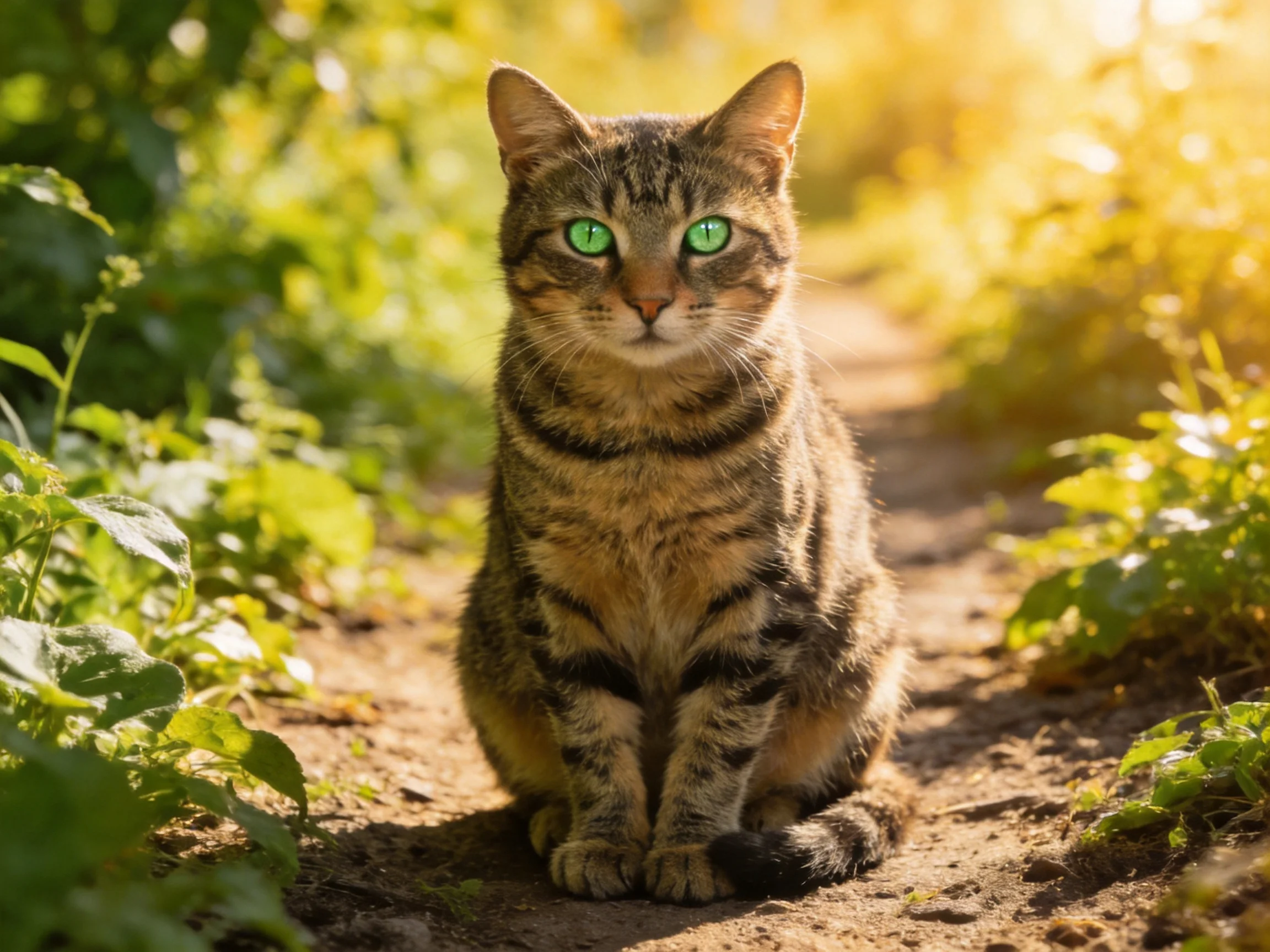 Tabby cat with green eyes sits on a sunlit dirt path surrounded by plants