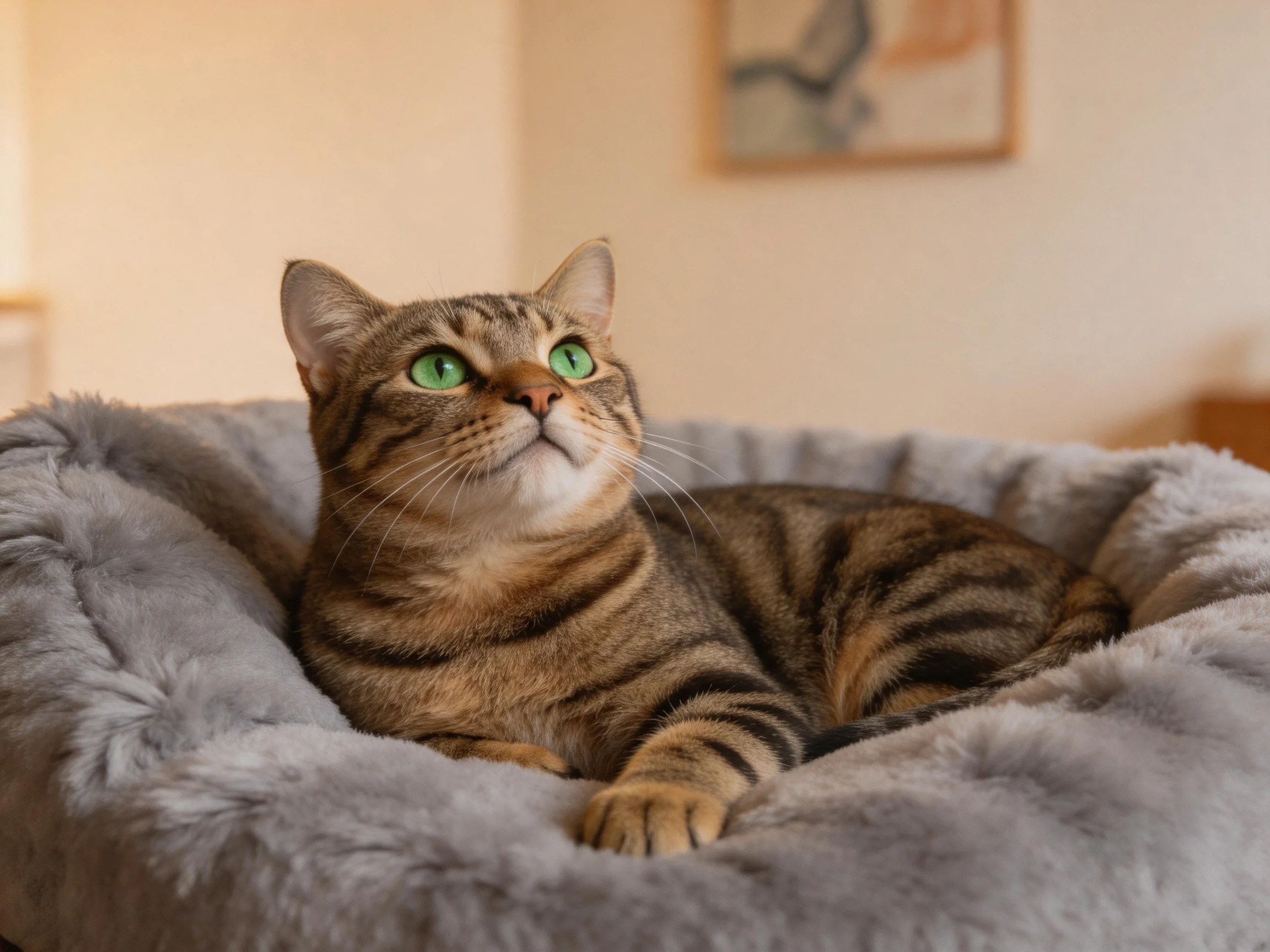 Tabby cat with green eyes relaxing in a soft gray bed