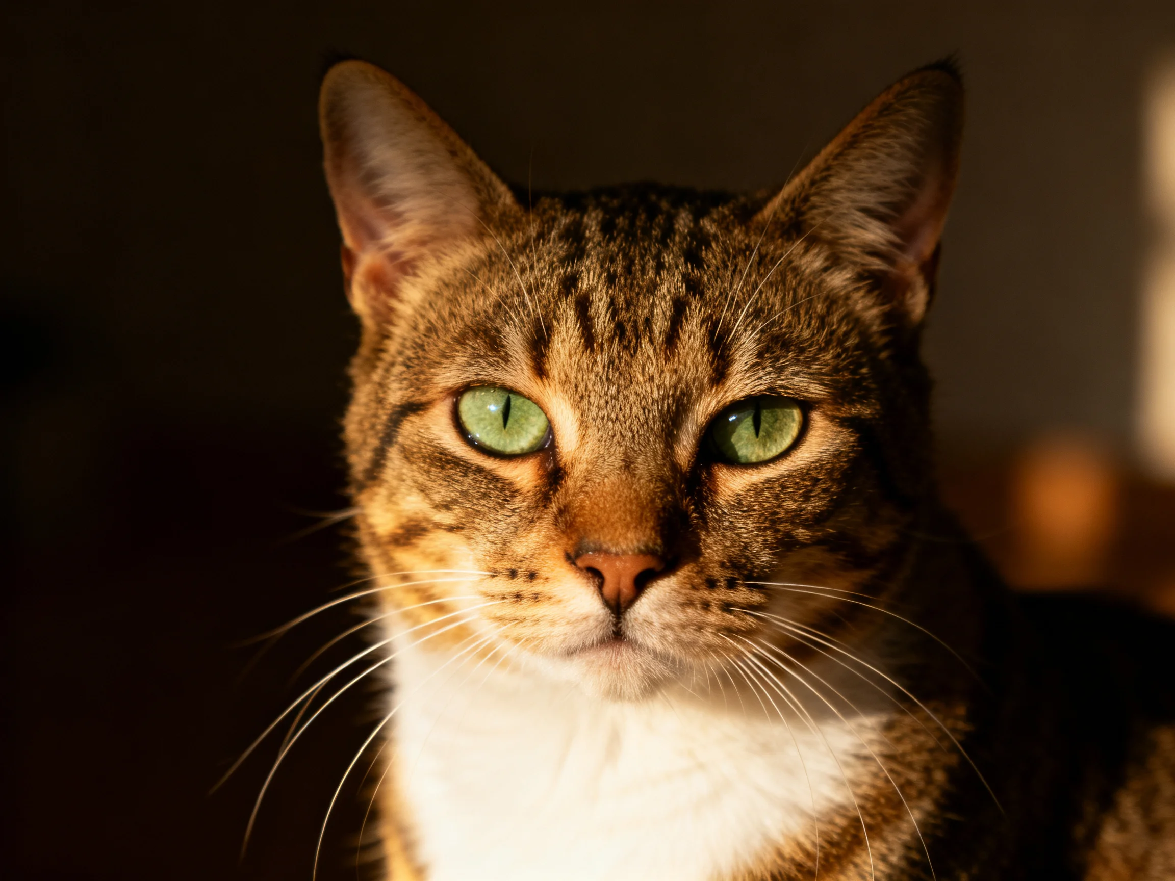Tabby cat with green eyes is photographed up close in soft lighting.