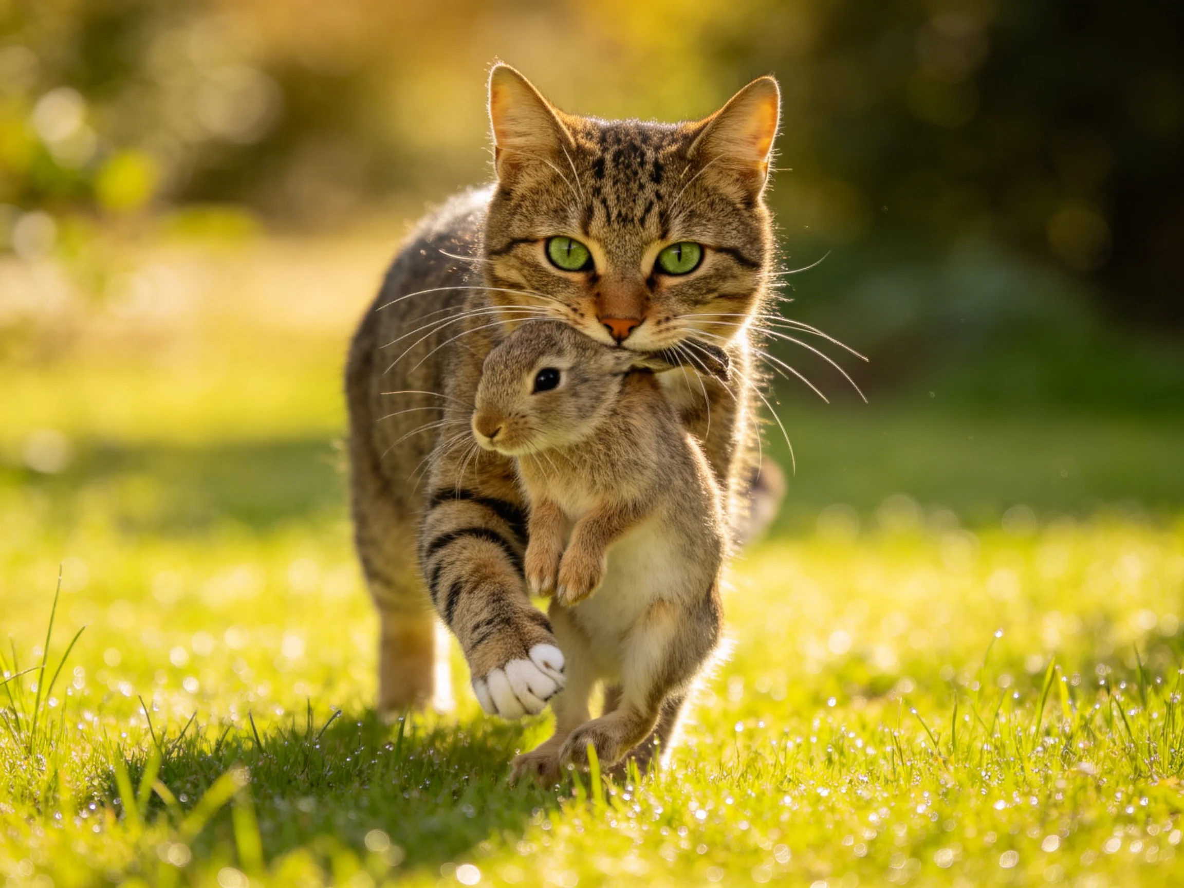 Tabby cat with green eyes carries small mammal on sunlit grass