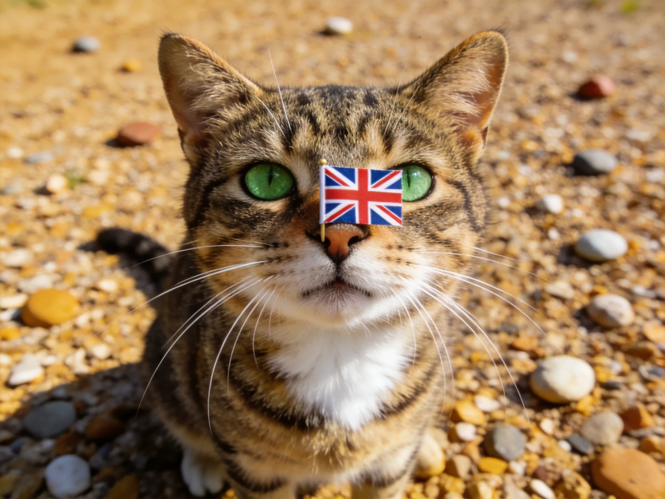 Tabby cat with green eyes has a Union Jack flag on its nose amid pebbles.