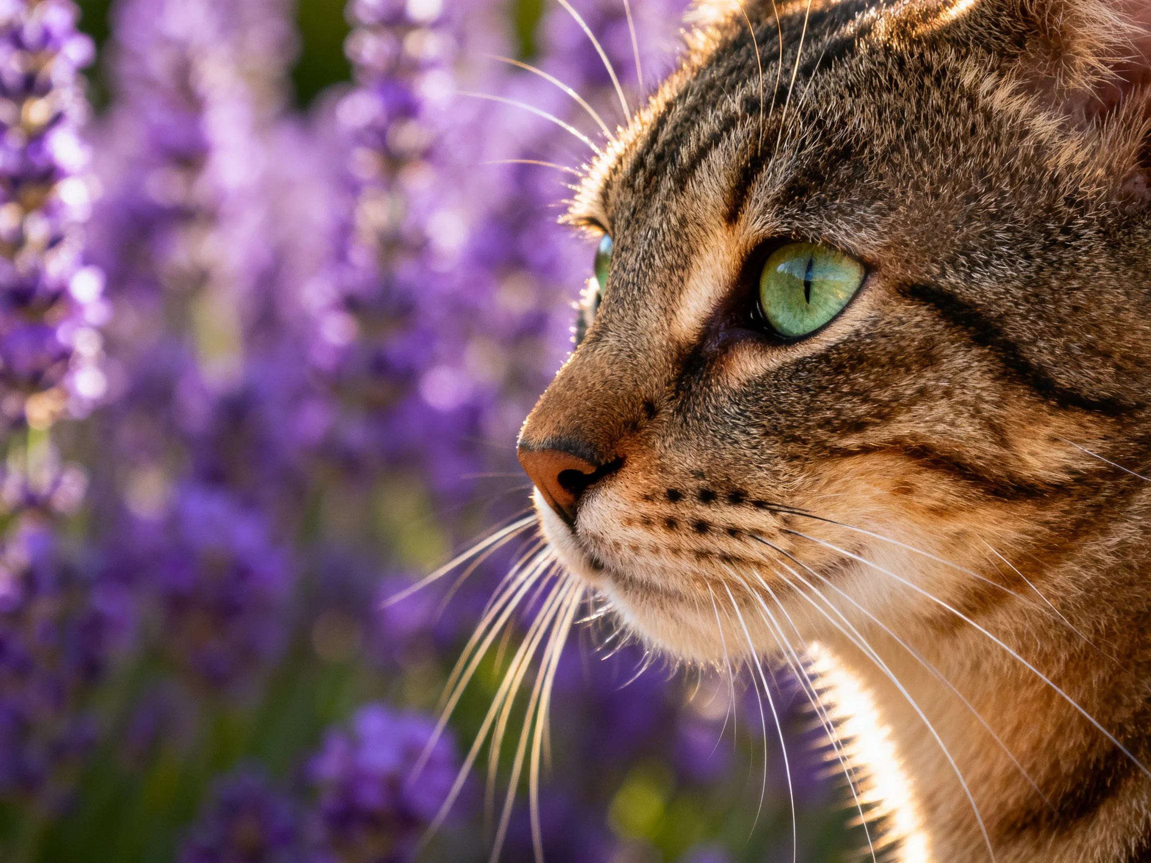Tabby cat with green eyes is near purple lavender flowers.