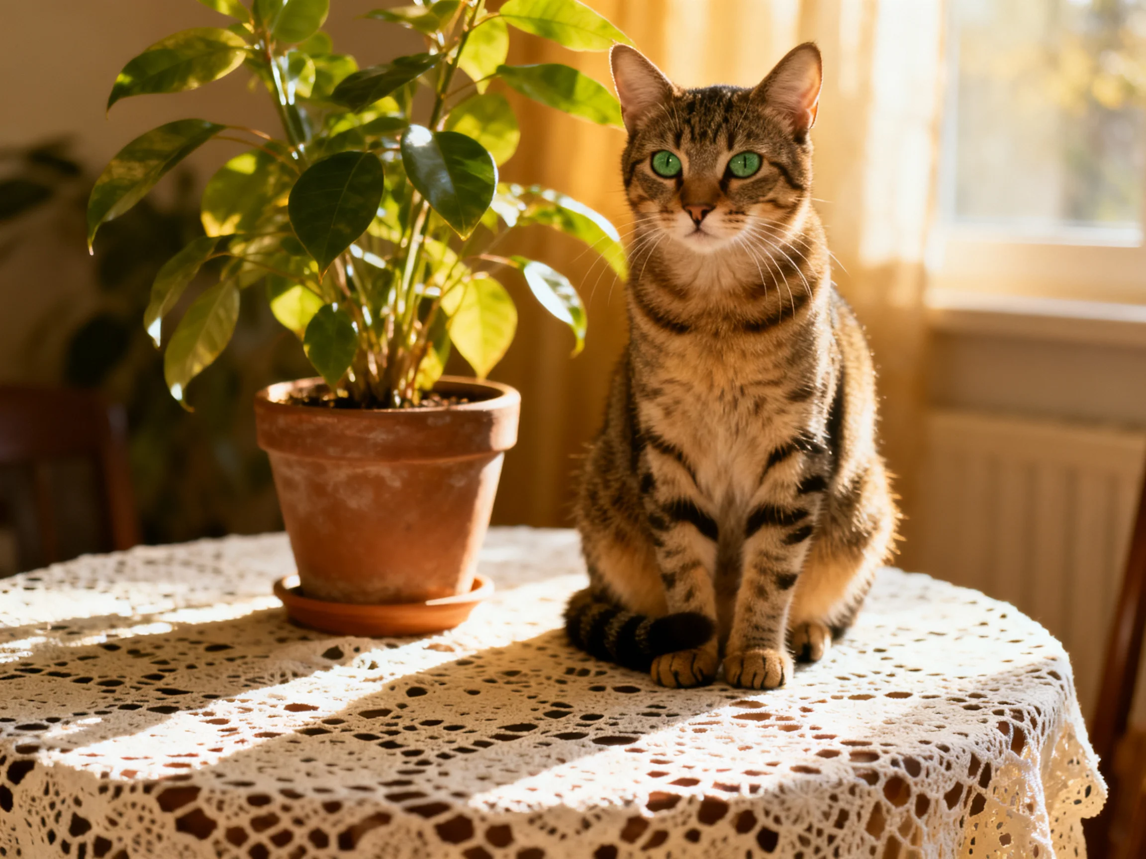Tabby cat sits near potted plant on lace table in sunlit room
